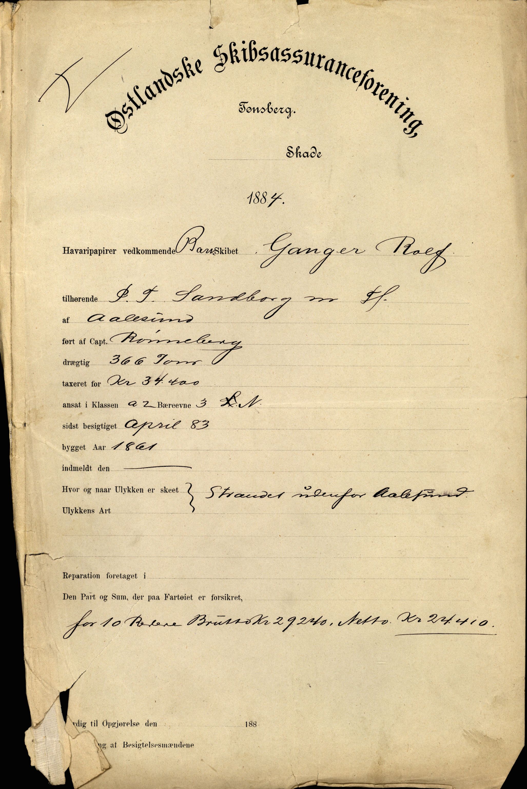 Pa 63 - Østlandske skibsassuranceforening, VEMU/A-1079/G/Ga/L0017/0011: Havaridokumenter / Andover, Amicitia, Bratsberg, Ganger Rolf, 1884, p. 9