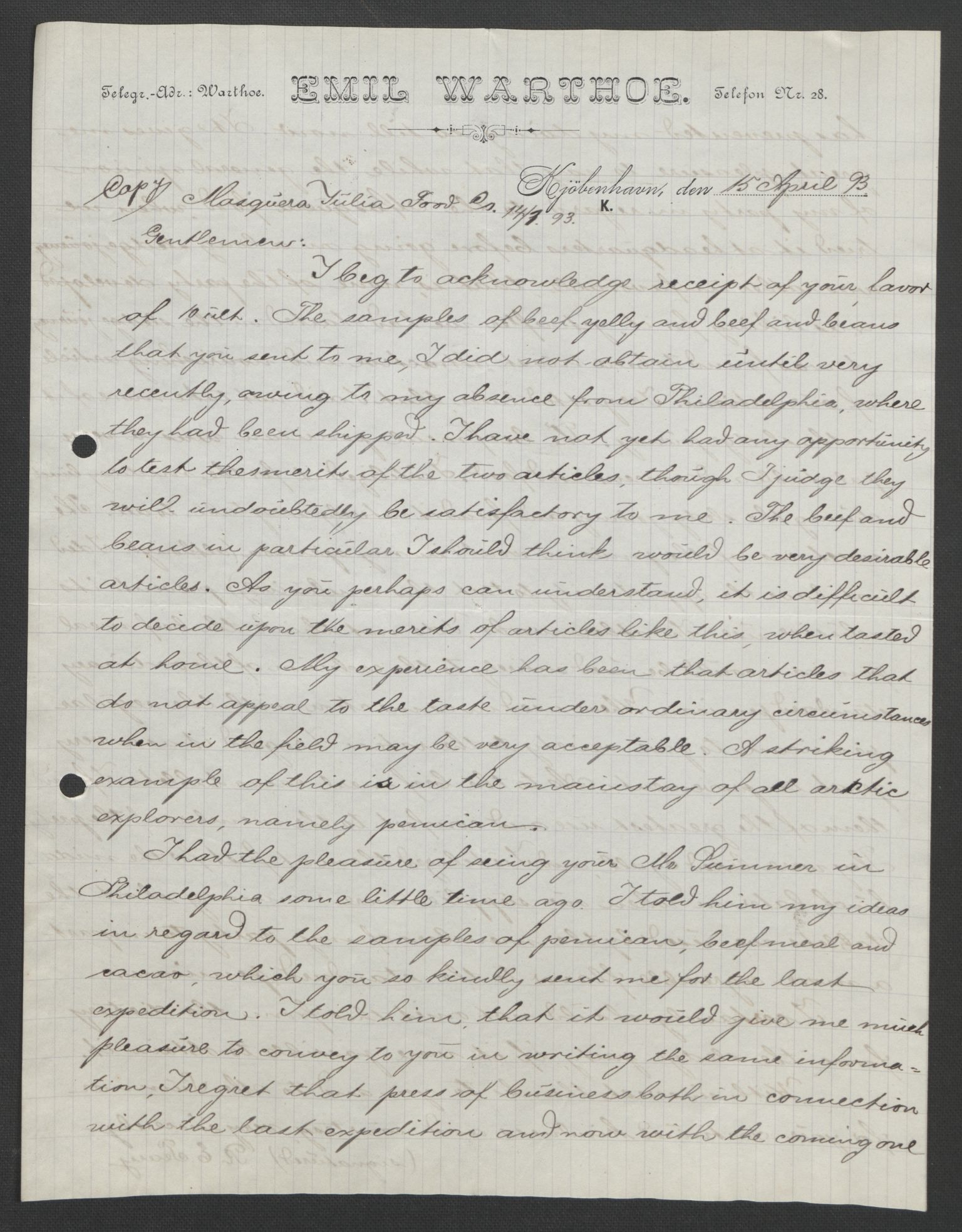 Arbeidskomitéen for Fridtjof Nansens polarekspedisjon, AV/RA-PA-0061/D/L0004: Innk. brev og telegrammer vedr. proviant og utrustning, 1892-1893, p. 813