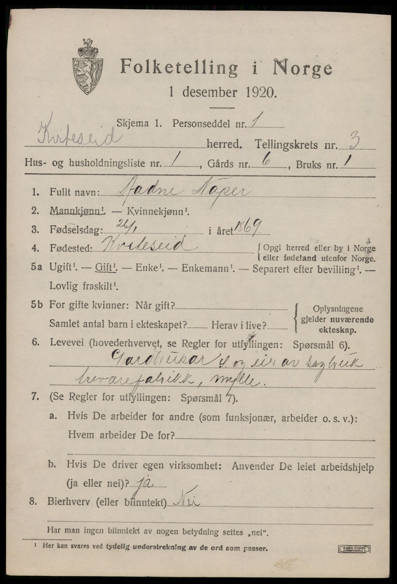 SAKO, 1920 census for Kviteseid, 1920, p. 2389