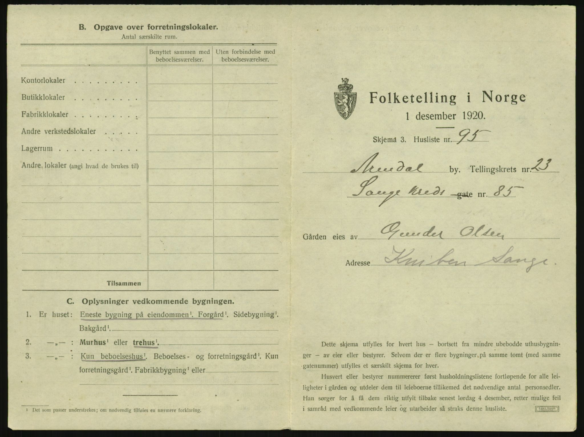 SAK, 1920 census for Arendal, 1920, p. 3750