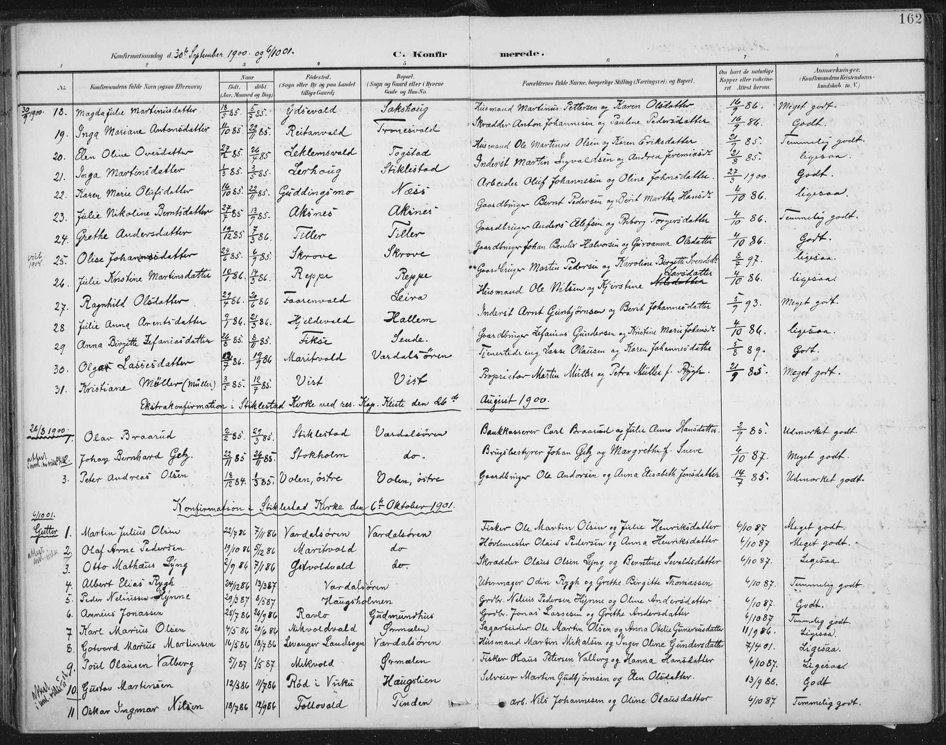 Ministerialprotokoller, klokkerbøker og fødselsregistre - Nord-Trøndelag, SAT/A-1458/723/L0246: Parish register (official) no. 723A15, 1900-1917, p. 162