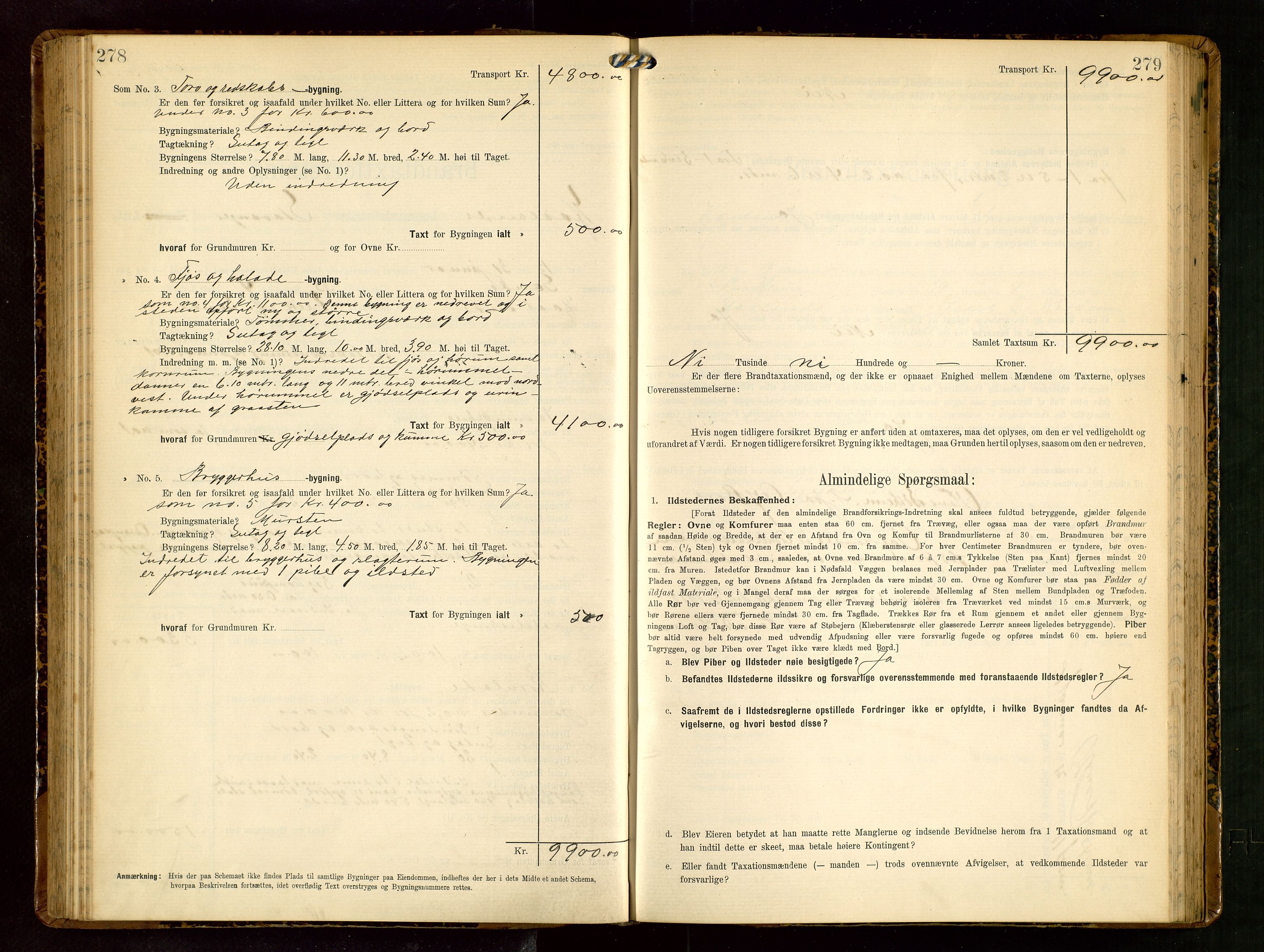 Håland lensmannskontor, AV/SAST-A-100100/Gob/L0003: Branntakstprotokoll - skjematakst. Register i boken., 1909-1910, p. 278-279