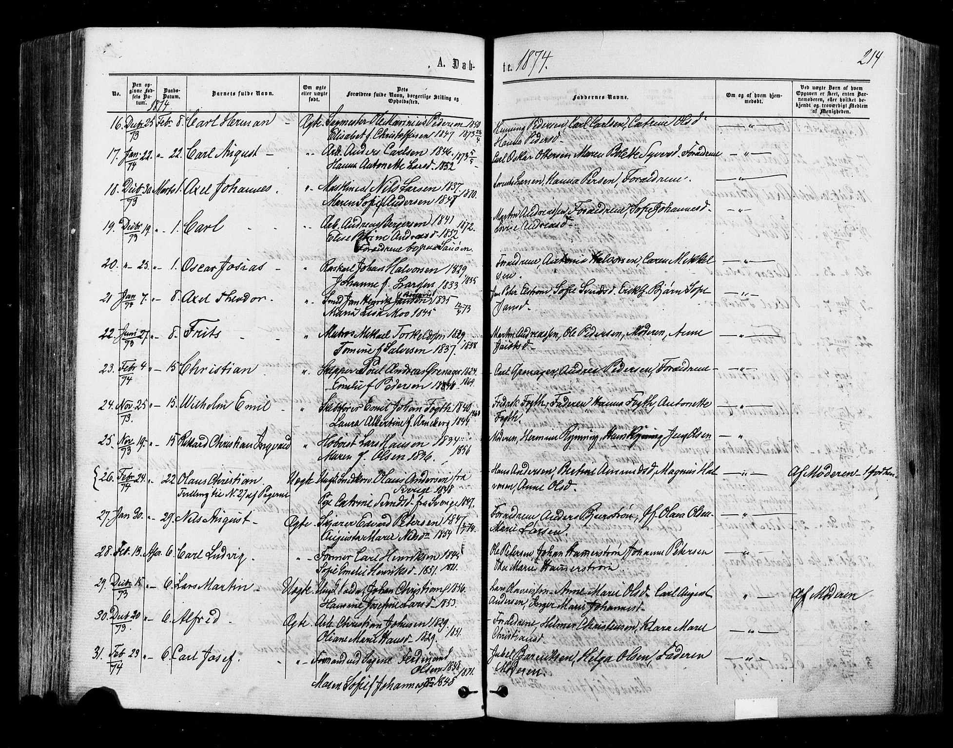 Halden prestekontor Kirkebøker, AV/SAO-A-10909/F/Fa/L0009: Parish register (official) no. I 9, 1866-1877, p. 214