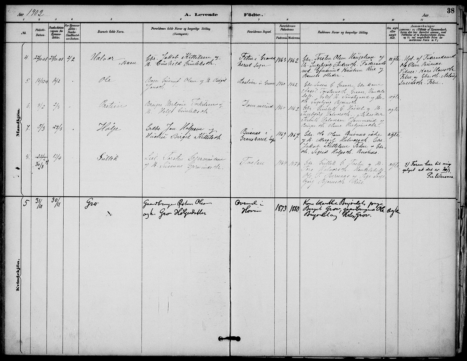 Gransherad kirkebøker, AV/SAKO-A-267/F/Fb/L0005: Parish register (official) no. II 5, 1887-1916, p. 38