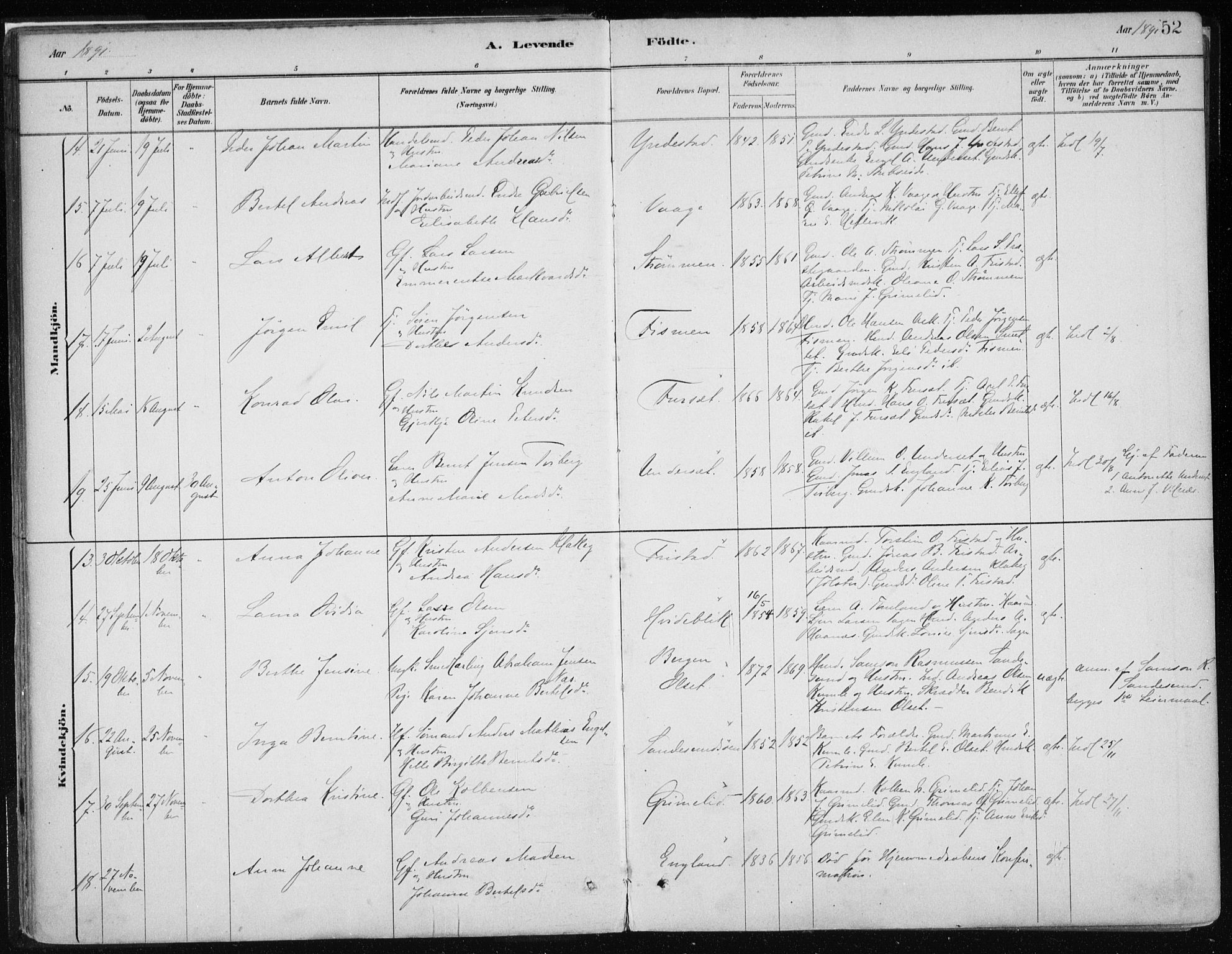 Askvoll sokneprestembete, SAB/A-79501/H/Haa/Haab/L0002: Parish register (official) no. B 2, 1879-1909, p. 52