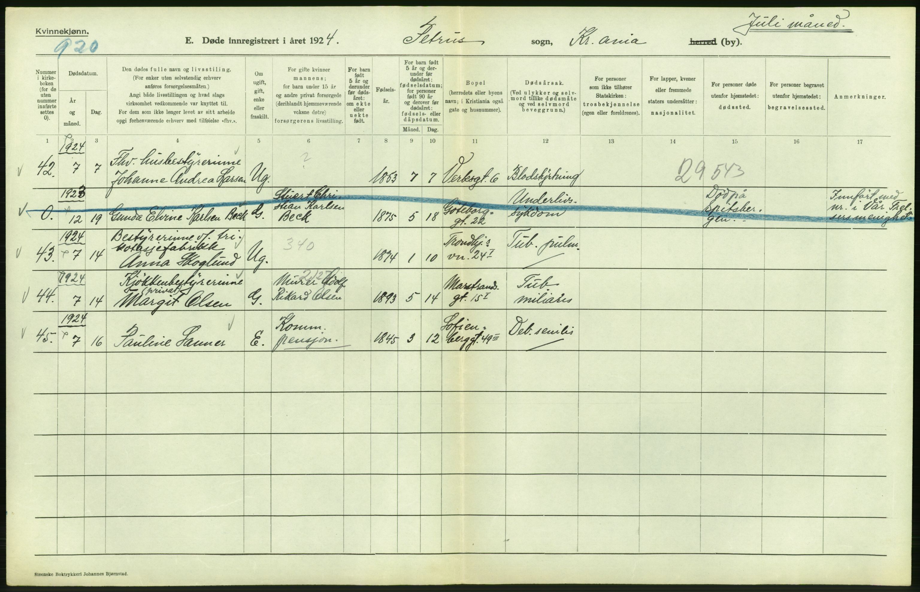 Statistisk sentralbyrå, Sosiodemografiske emner, Befolkning, AV/RA-S-2228/D/Df/Dfc/Dfcd/L0009: Kristiania: Døde kvinner, dødfødte, 1924, p. 278
