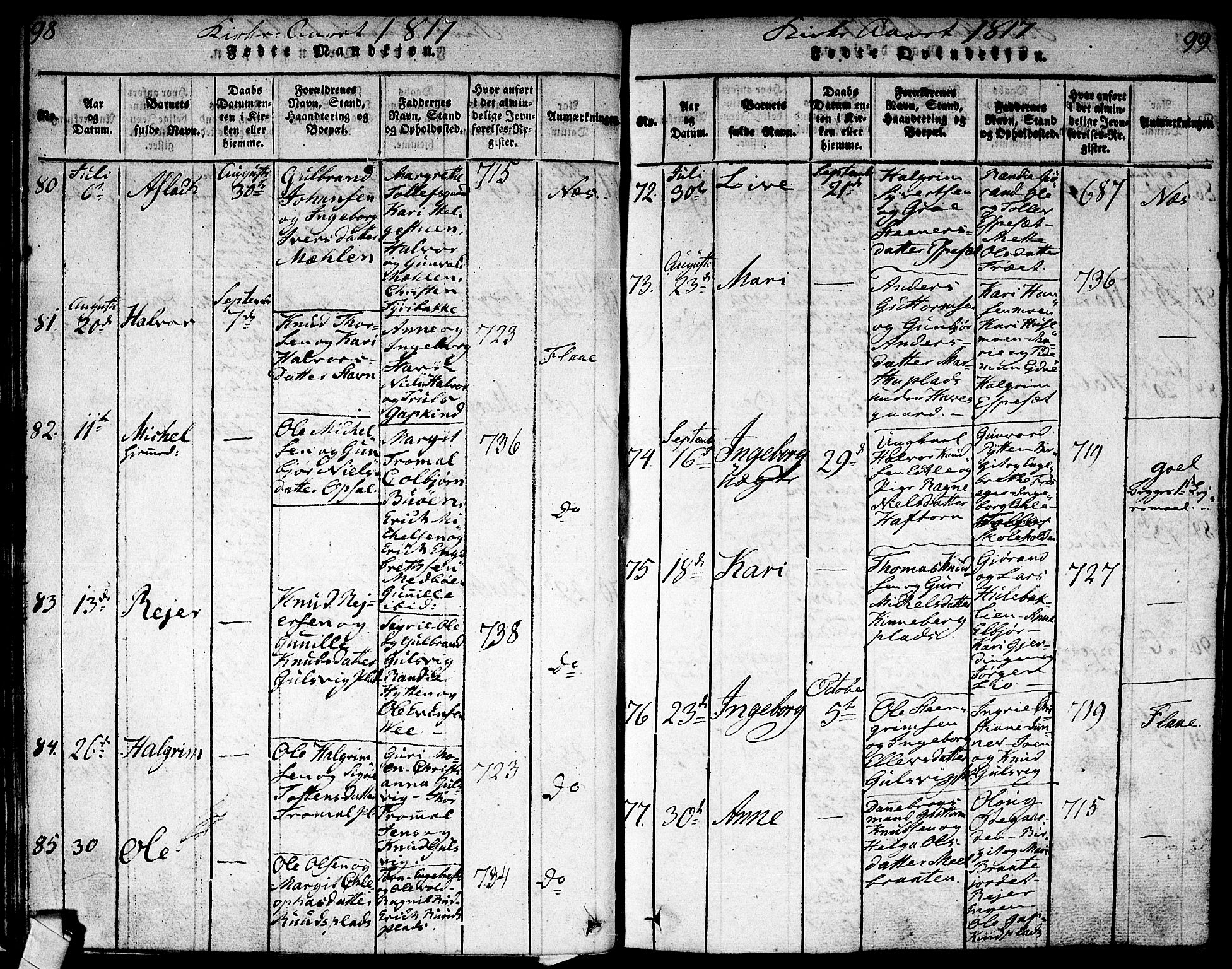 Nes kirkebøker, SAKO/A-236/F/Fa/L0007: Parish register (official) no. 7, 1815-1823, p. 98-99