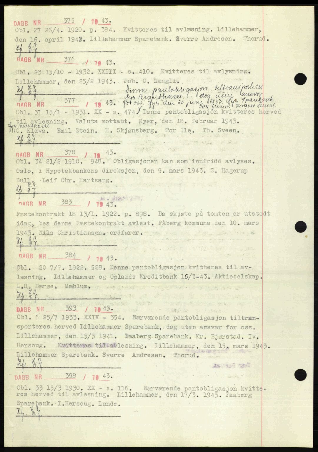 Sør-Gudbrandsdal tingrett, SAH/TING-004/H/Hb/Hbf/L0002: Mortgage book no. C1, 1938-1951, Diary no: : 375/1943