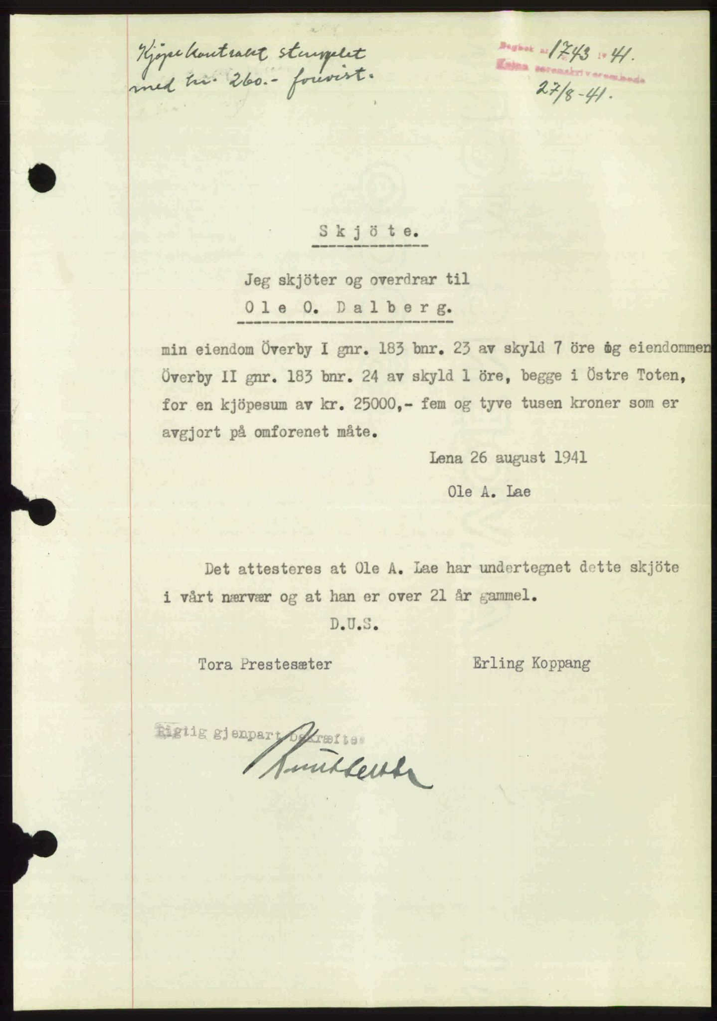 Toten tingrett, SAH/TING-006/H/Hb/Hbc/L0008: Mortgage book no. Hbc-08, 1941-1941, Diary no: : 1743/1941