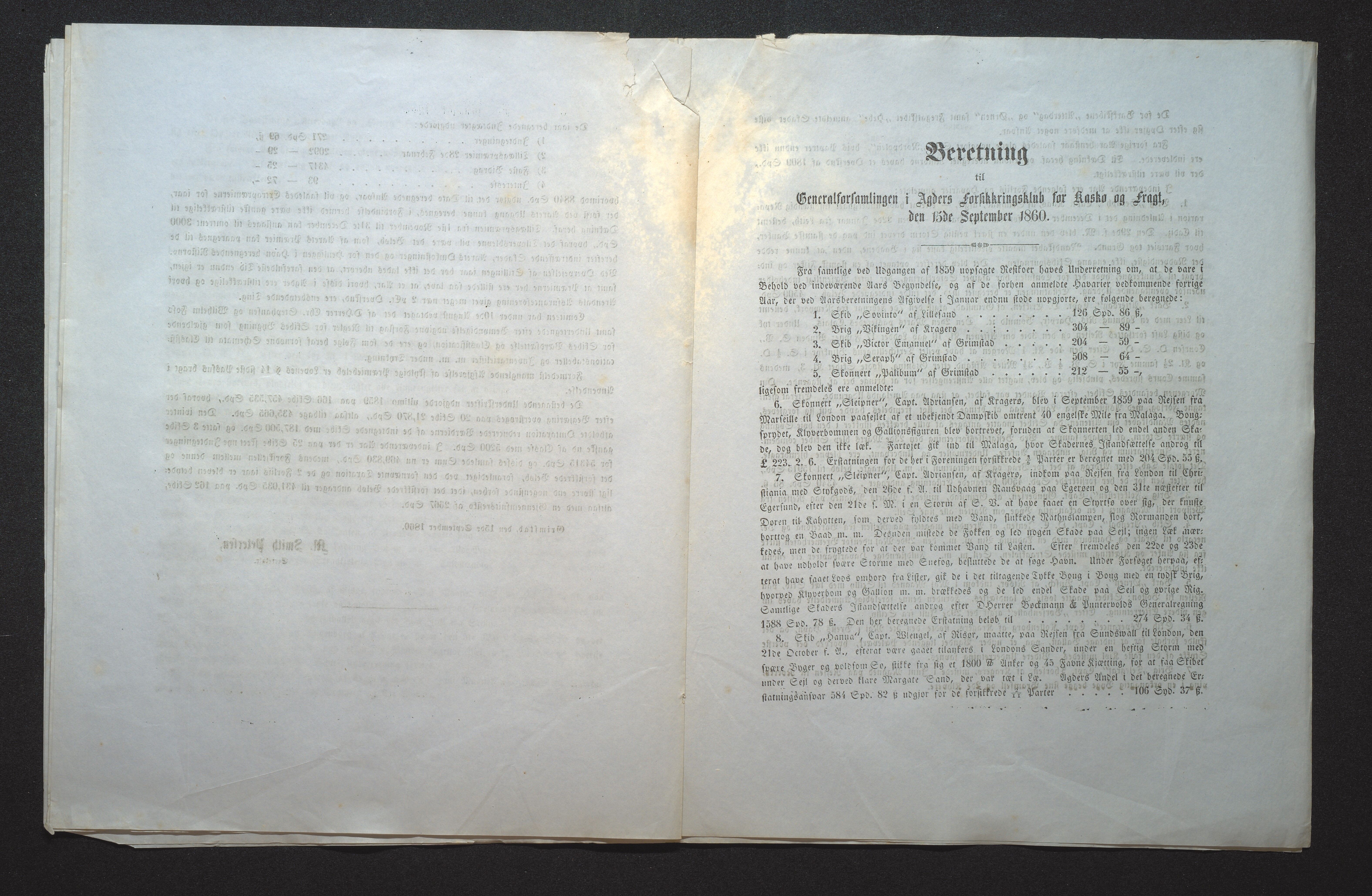 Agders Gjensidige Assuranceforening, AAKS/PA-1718/05/L0001: Regnskap, seilavdeling, pakkesak, 1855-1880