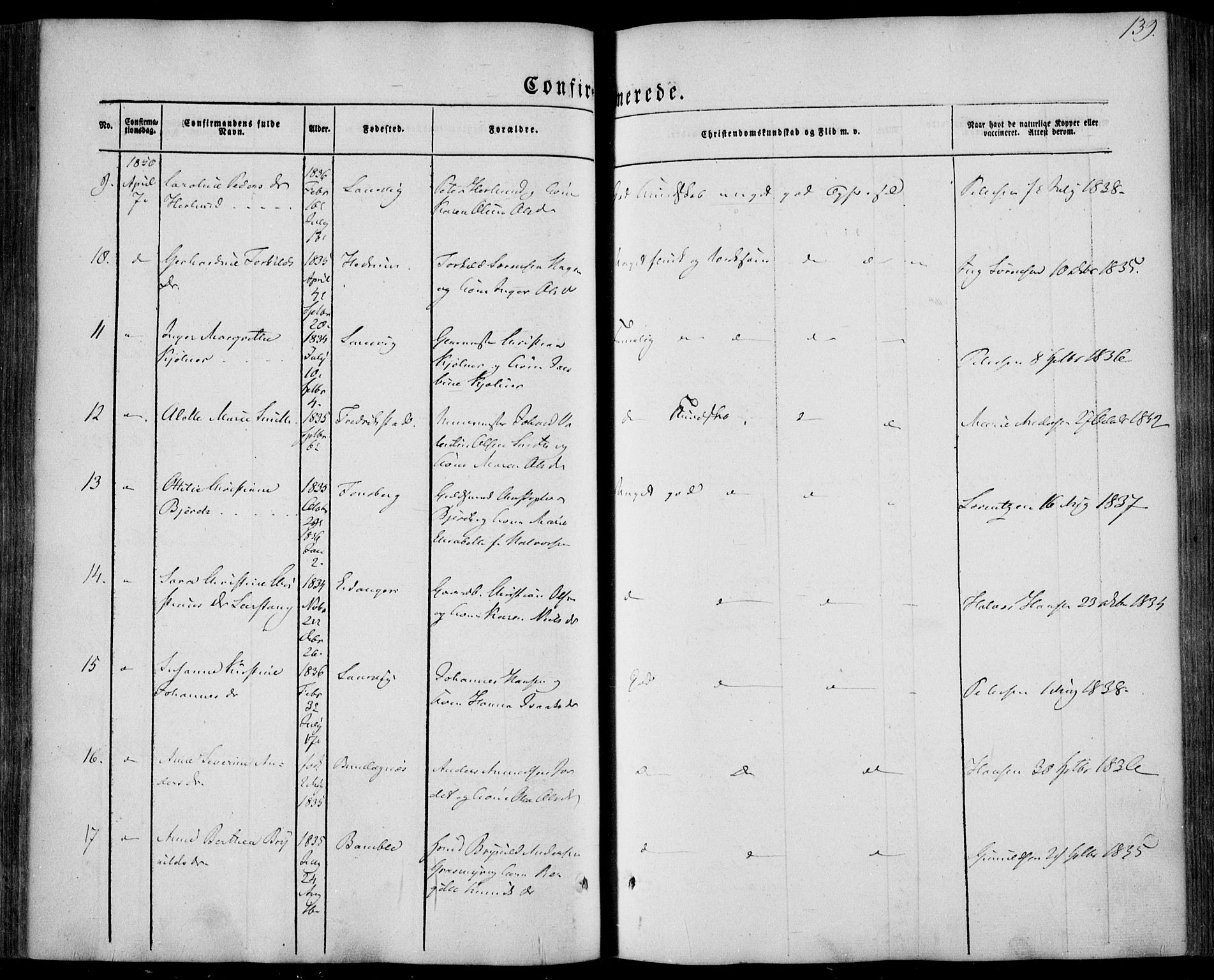 Larvik kirkebøker, AV/SAKO-A-352/F/Fa/L0003: Parish register (official) no. I 3, 1848-1856, p. 139