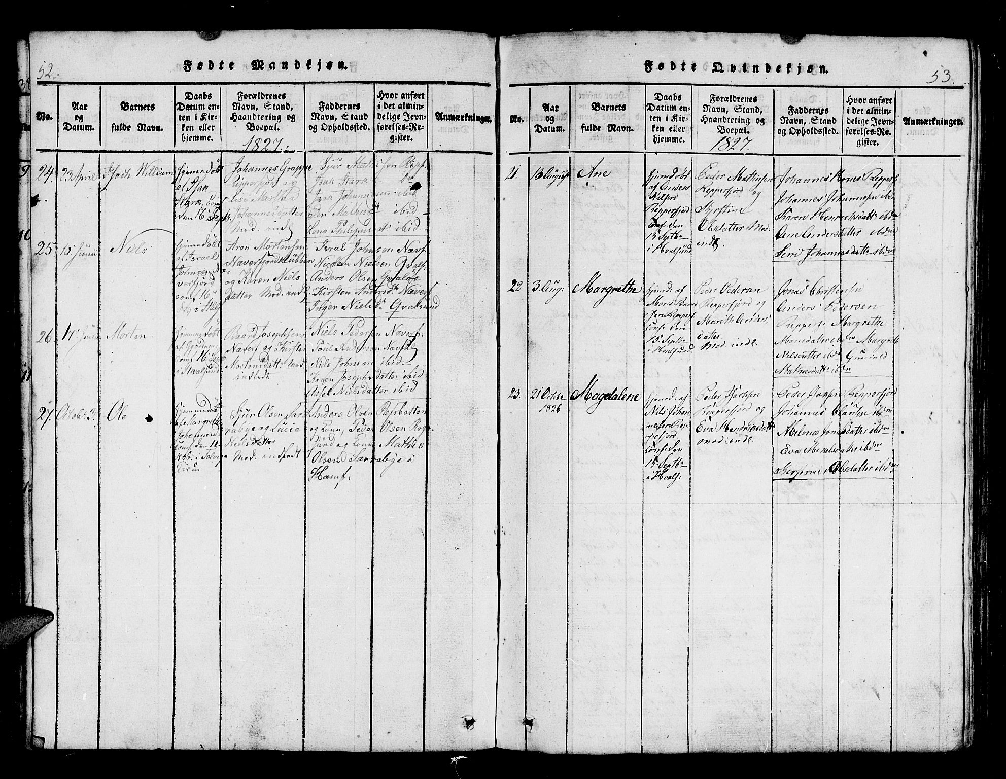 Hammerfest sokneprestkontor, AV/SATØ-S-1347/H/Hb/L0001.klokk: Parish register (copy) no. 1, 1822-1850, p. 52-53