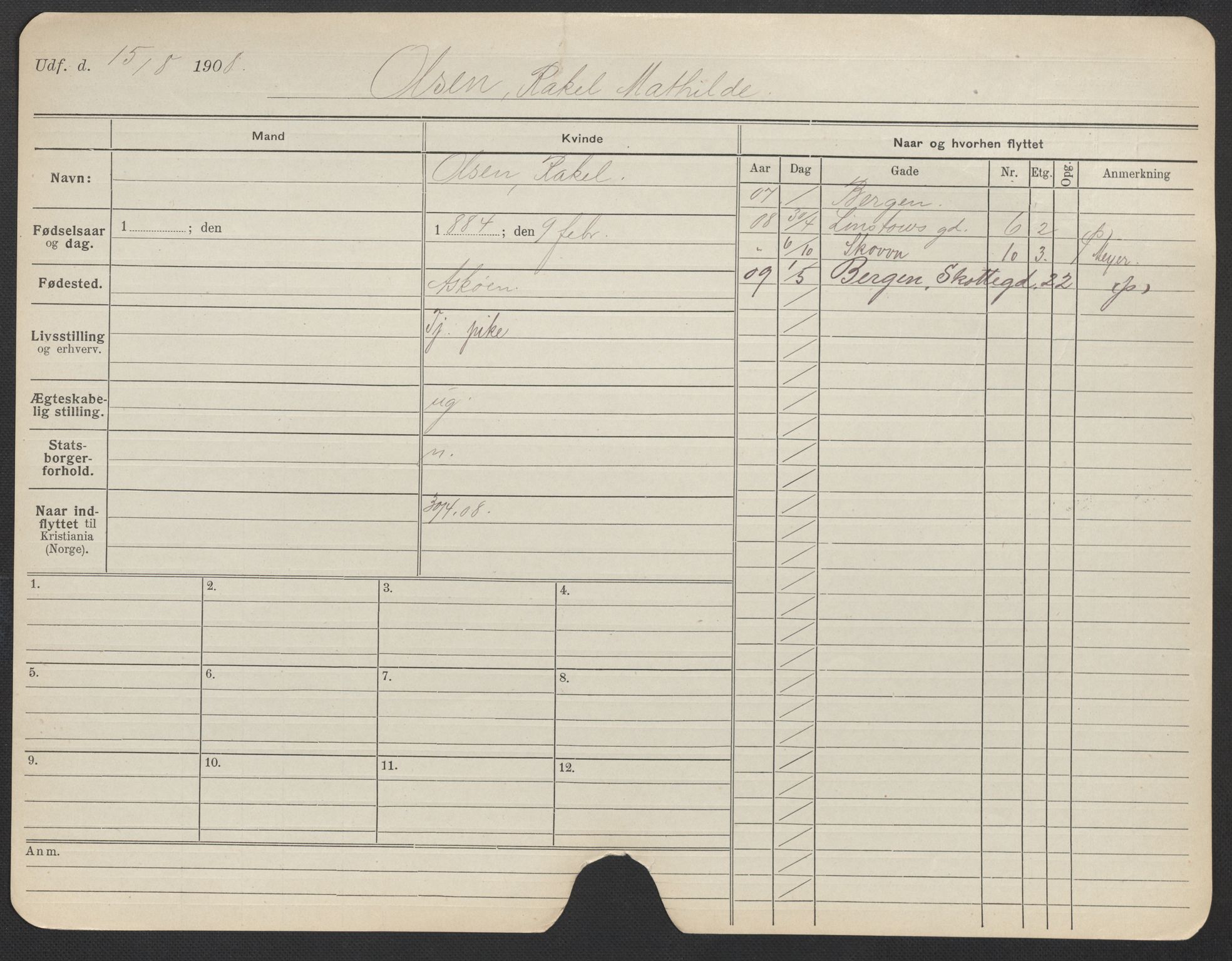 Oslo folkeregister, Registerkort, AV/SAO-A-11715/F/Fa/Fac/L0022: Kvinner, 1906-1914, p. 323a