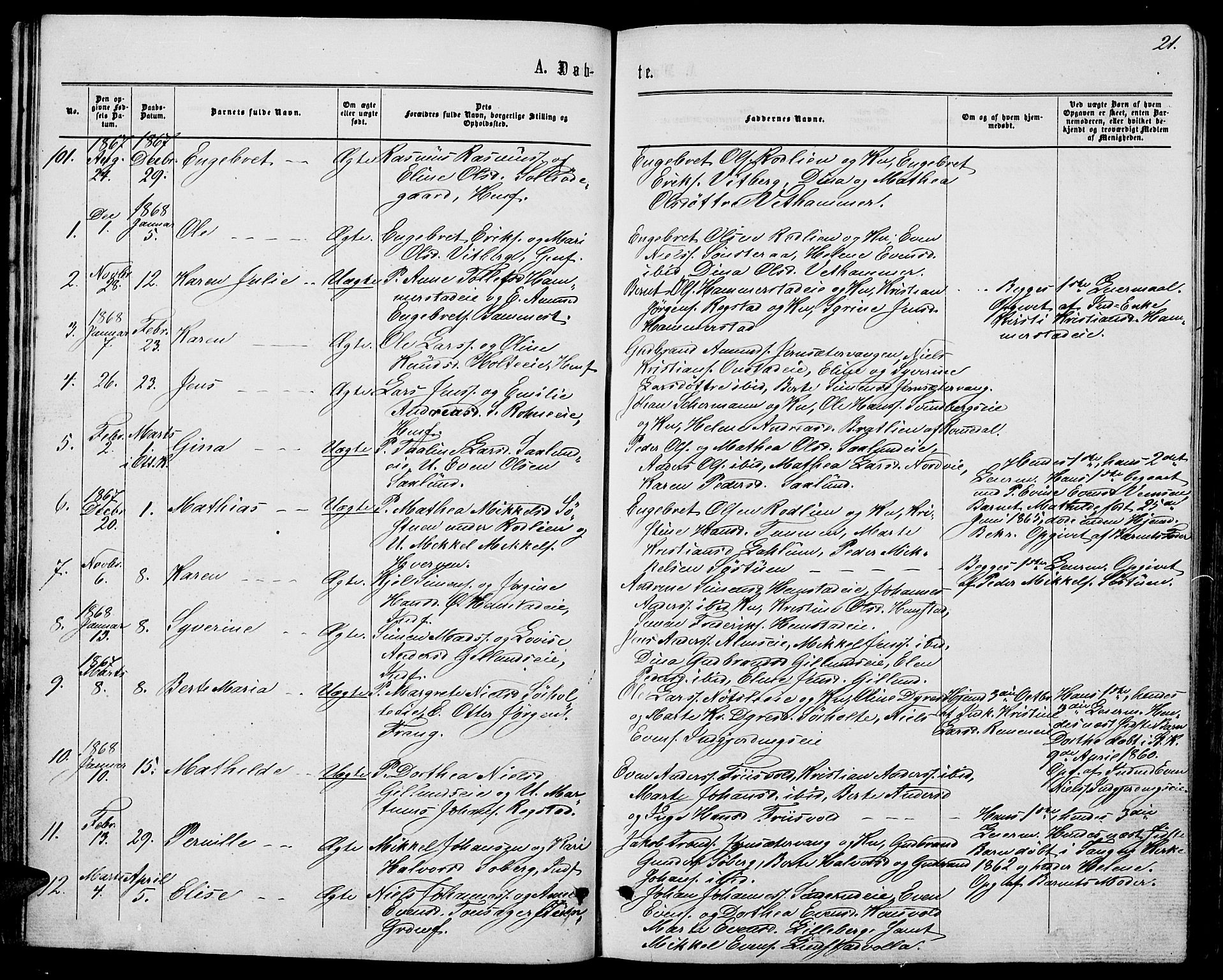 Stange prestekontor, SAH/PREST-002/L/L0006: Parish register (copy) no. 6, 1864-1882, p. 21