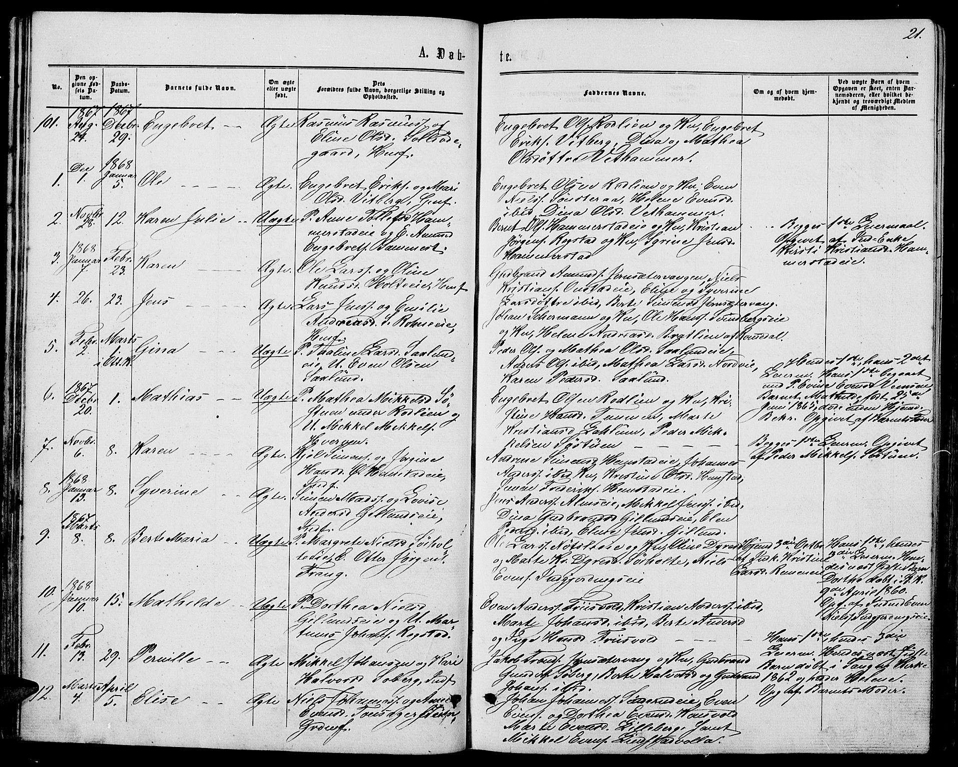 Stange prestekontor, AV/SAH-PREST-002/L/L0006: Parish register (copy) no. 6, 1864-1882, p. 21