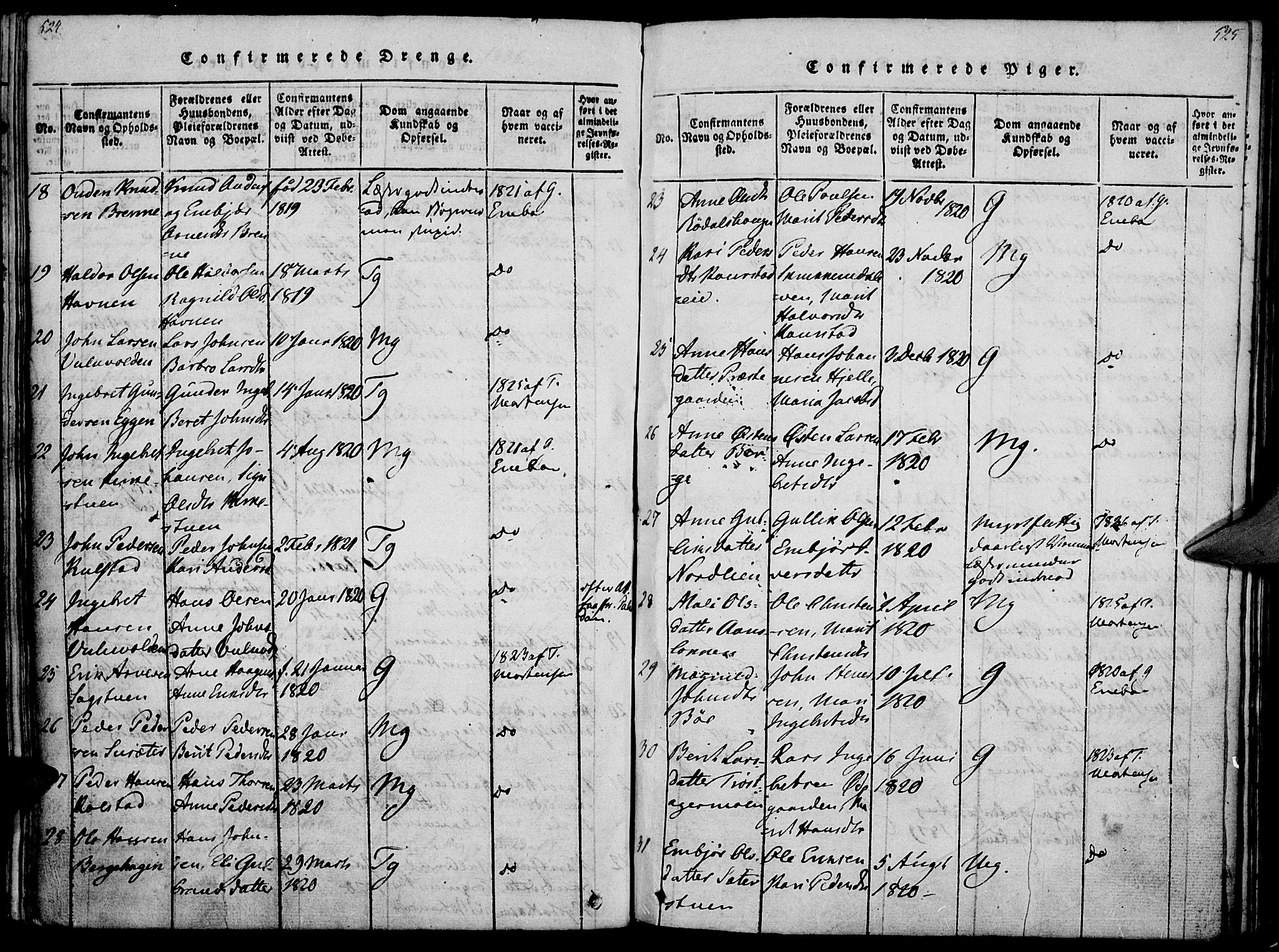 Ringebu prestekontor, SAH/PREST-082/H/Ha/Haa/L0004: Parish register (official) no. 4, 1821-1839, p. 524-525