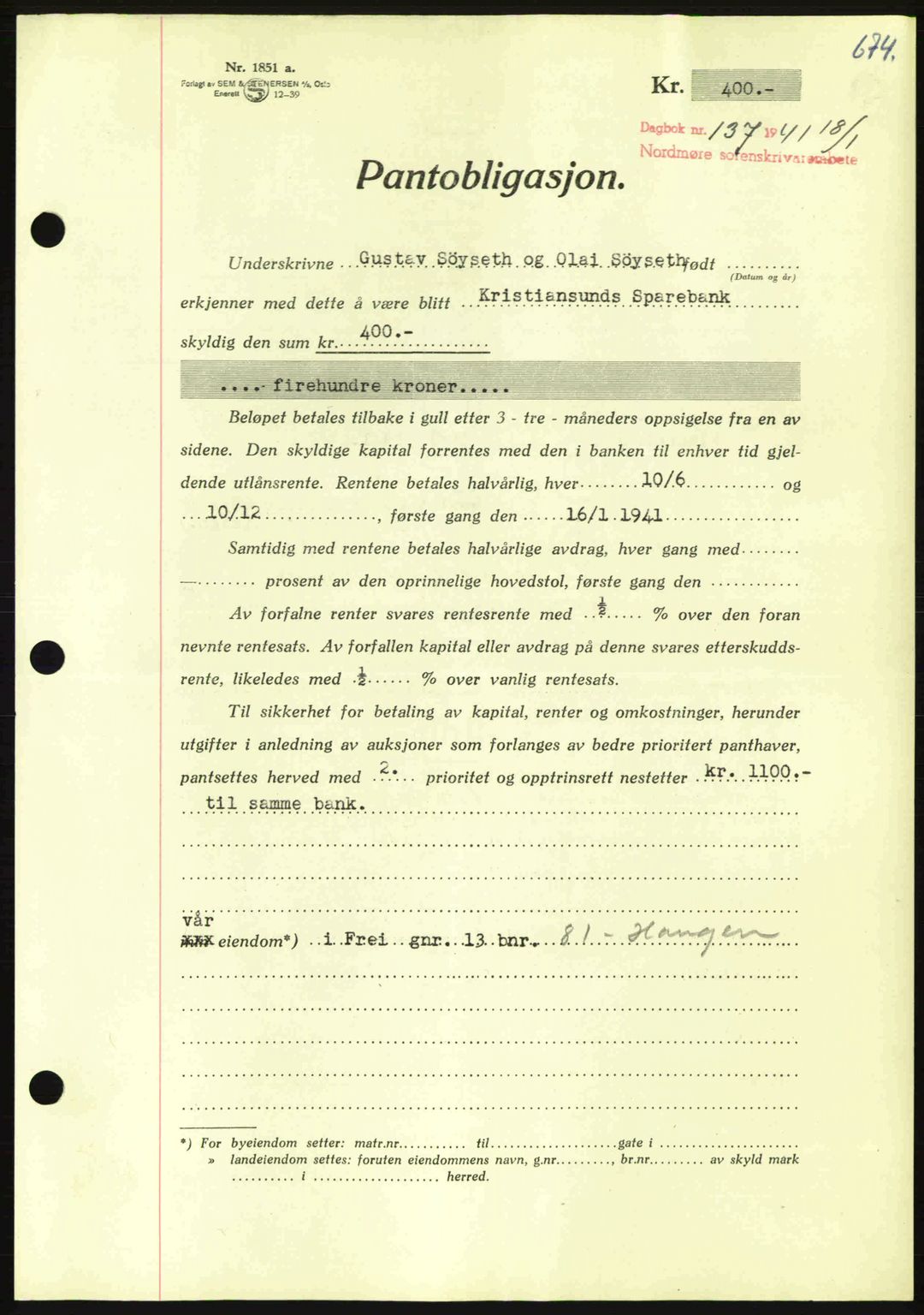 Nordmøre sorenskriveri, AV/SAT-A-4132/1/2/2Ca: Mortgage book no. B87, 1940-1941, Diary no: : 137/1941