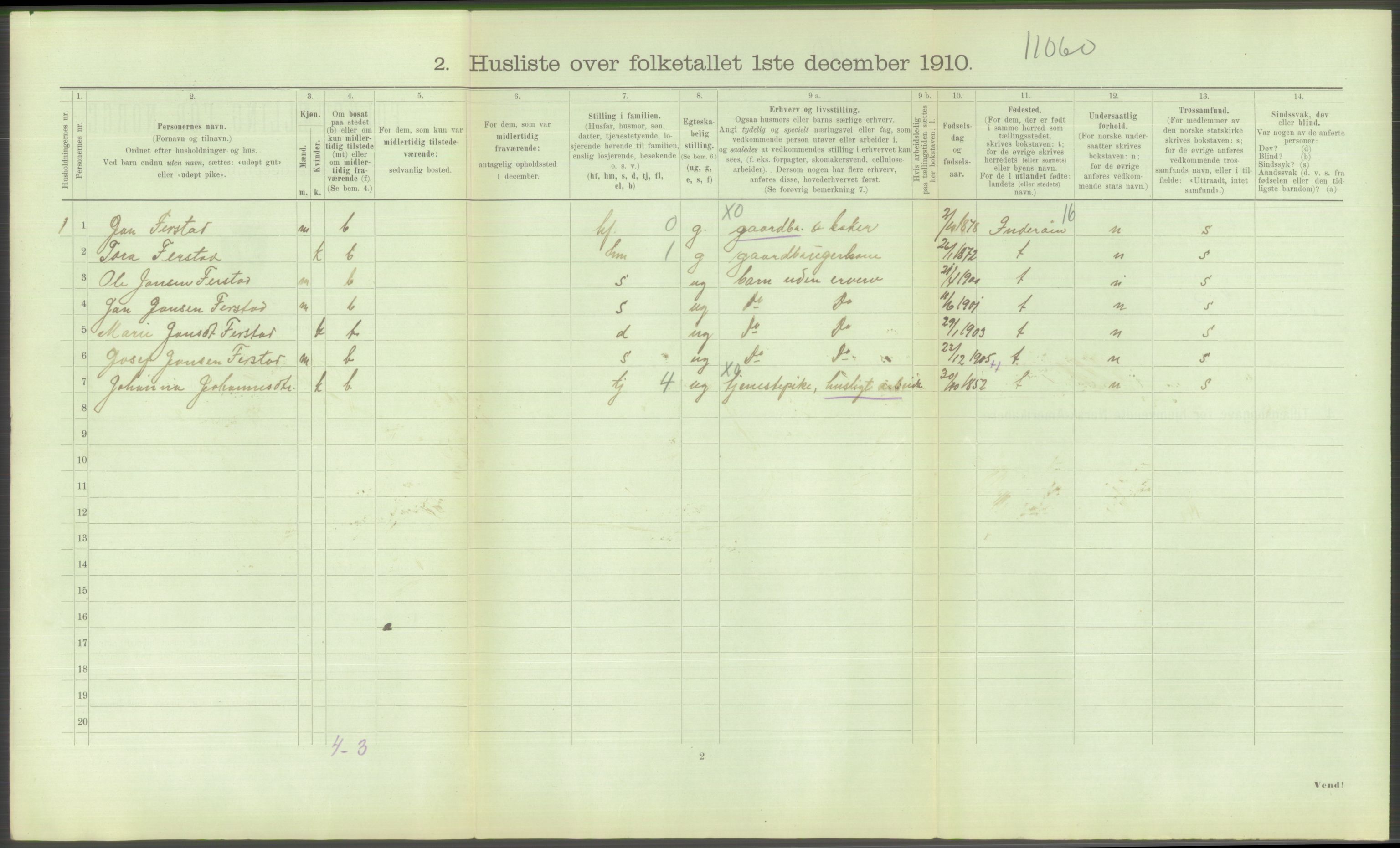 RA, 1910 census for Hustad (Sandvollan), 1910, p. 114