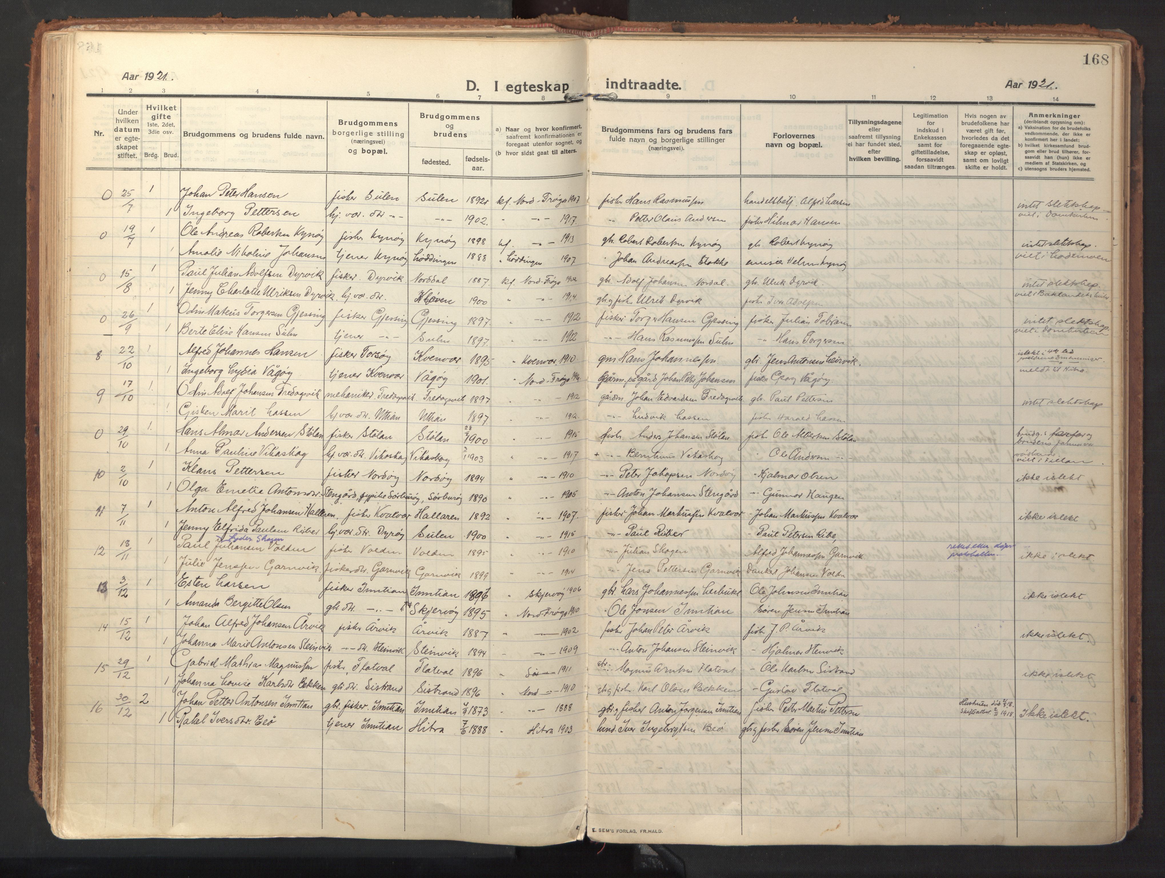 Ministerialprotokoller, klokkerbøker og fødselsregistre - Sør-Trøndelag, SAT/A-1456/640/L0581: Parish register (official) no. 640A06, 1910-1924, p. 168