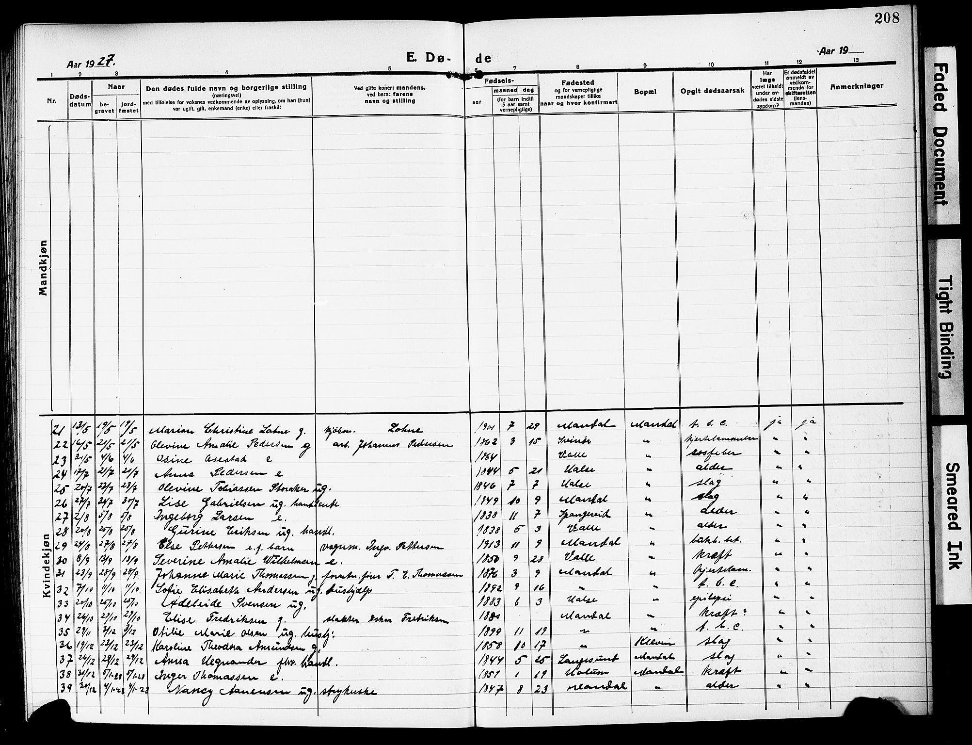 Mandal sokneprestkontor, AV/SAK-1111-0030/F/Fb/Fbc/L0001: Parish register (copy) no. B 1, 1918-1931, p. 208