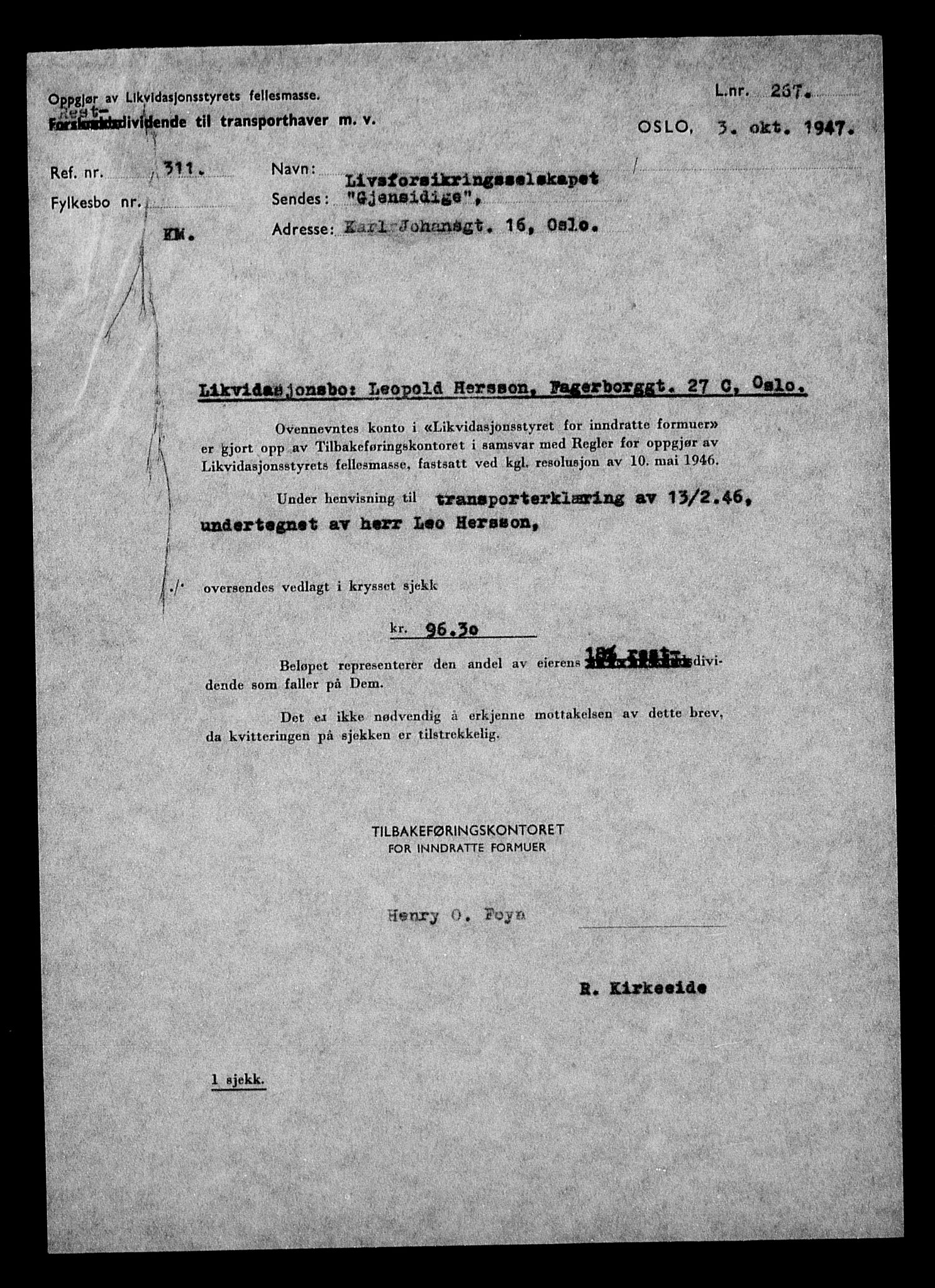 Justisdepartementet, Tilbakeføringskontoret for inndratte formuer, AV/RA-S-1564/H/Hc/Hcc/L0943: --, 1945-1947, p. 181