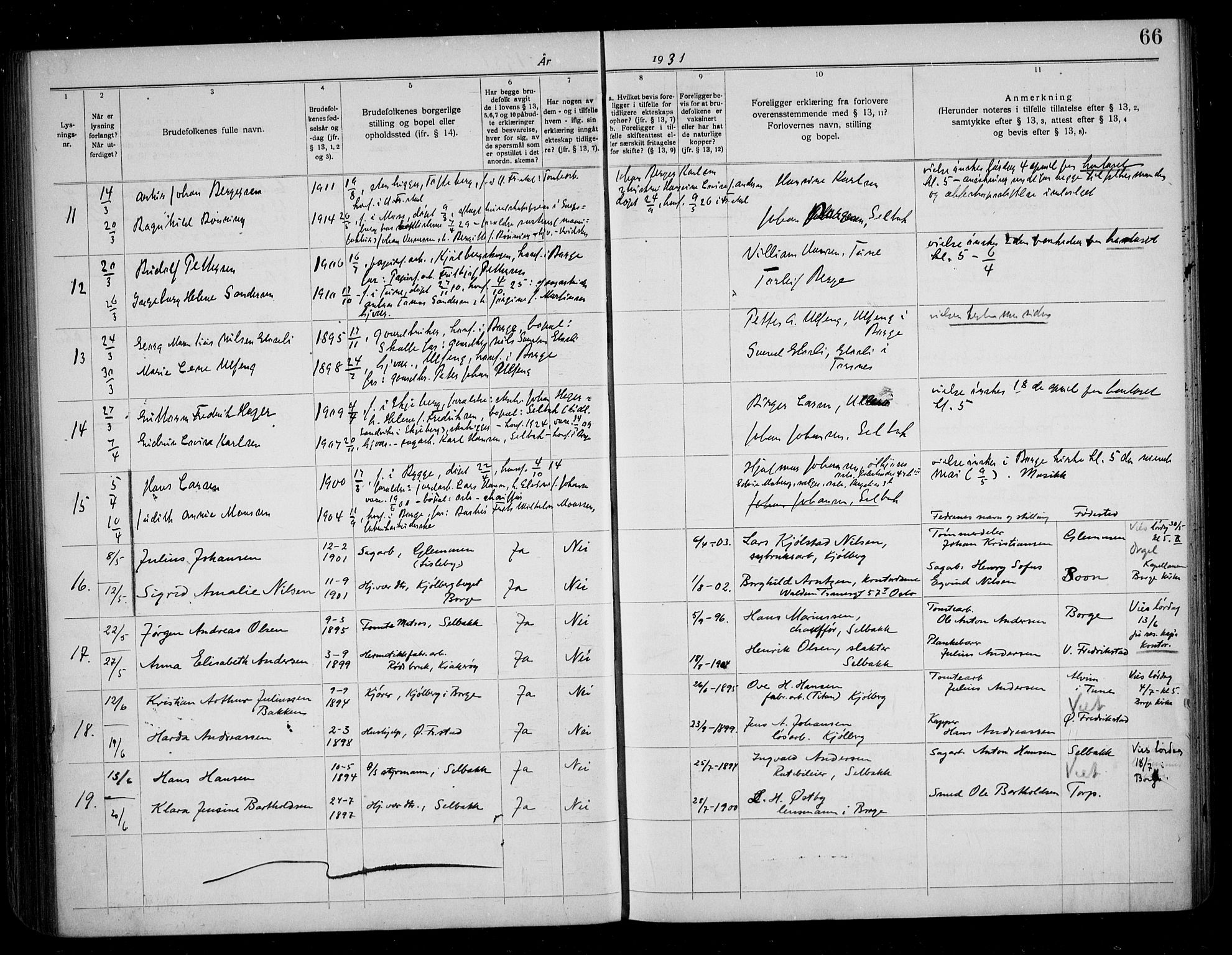 Borge prestekontor Kirkebøker, SAO/A-10903/H/Ha/L0001: Banns register no. I 1, 1919-1936, p. 66