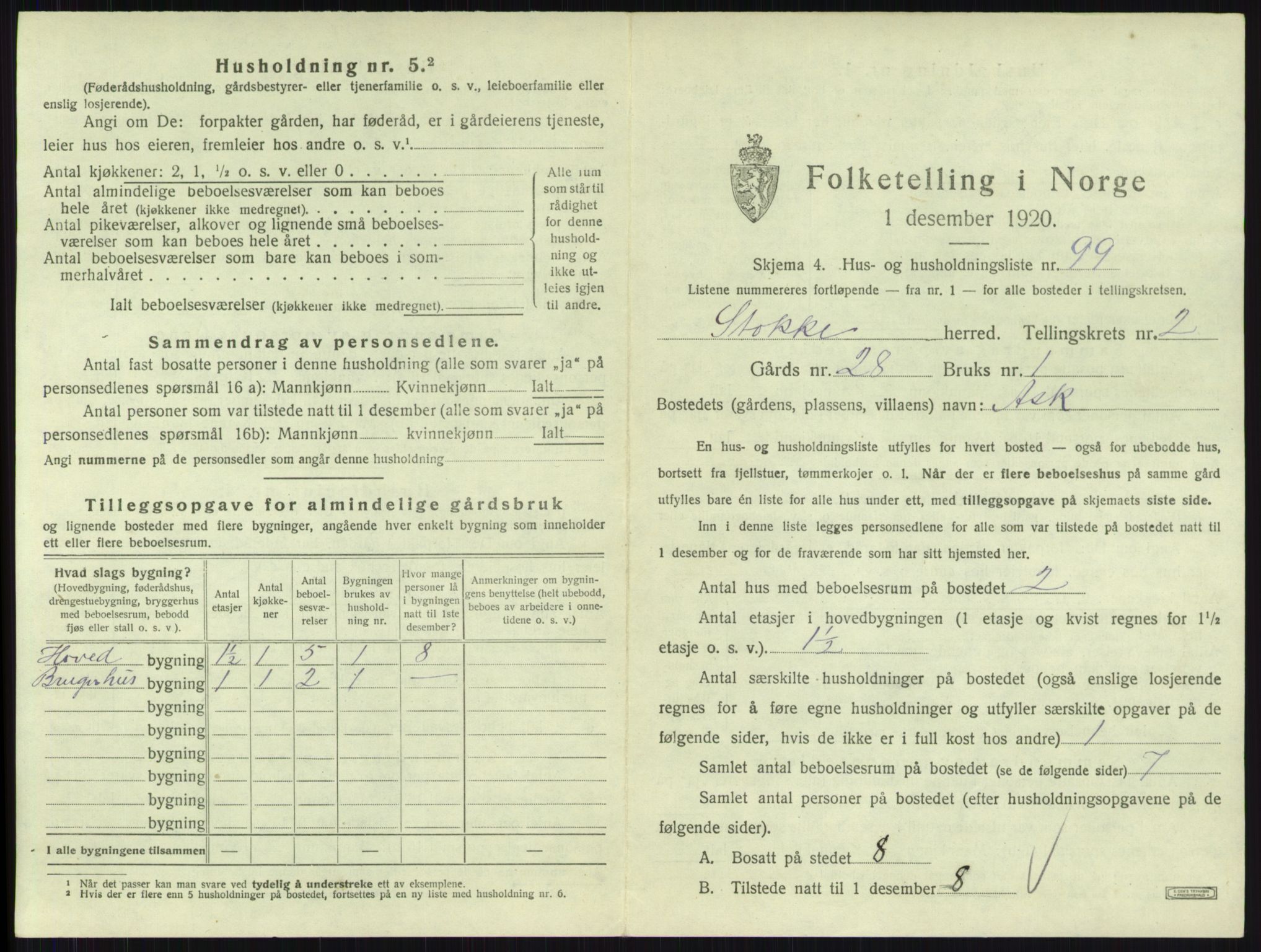 SAKO, 1920 census for Stokke, 1920, p. 464