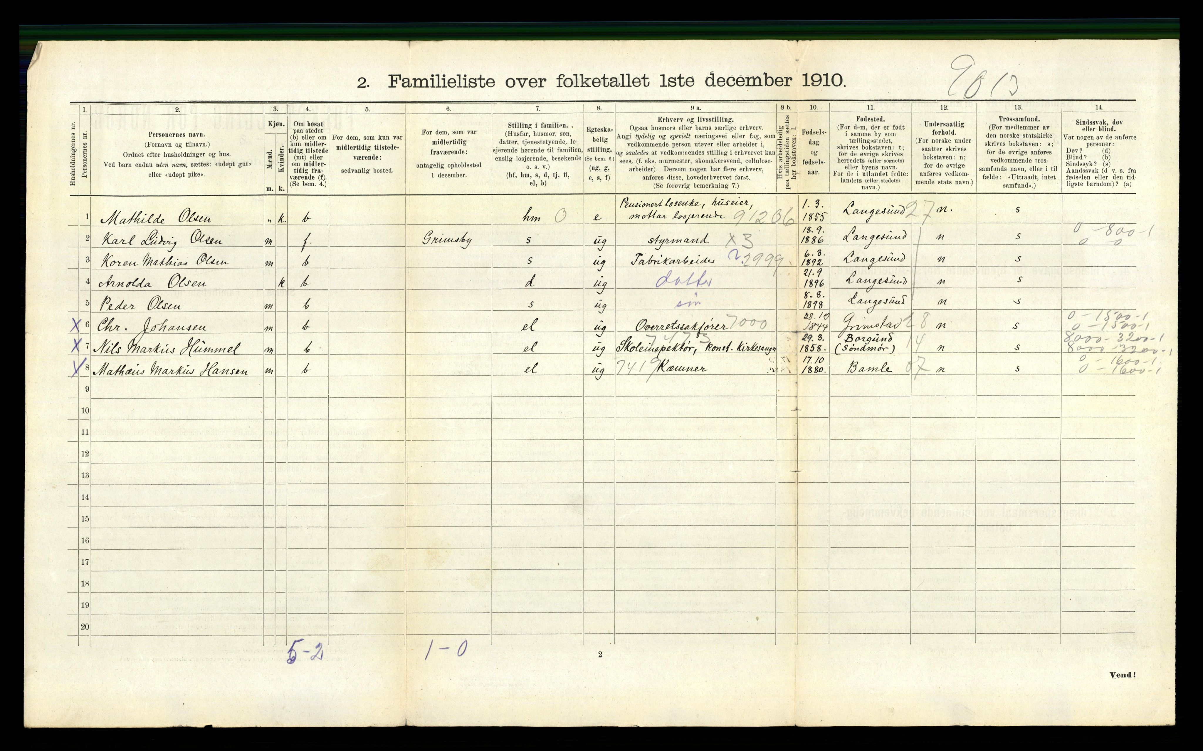 RA, 1910 census for Brevik, 1910, p. 1213