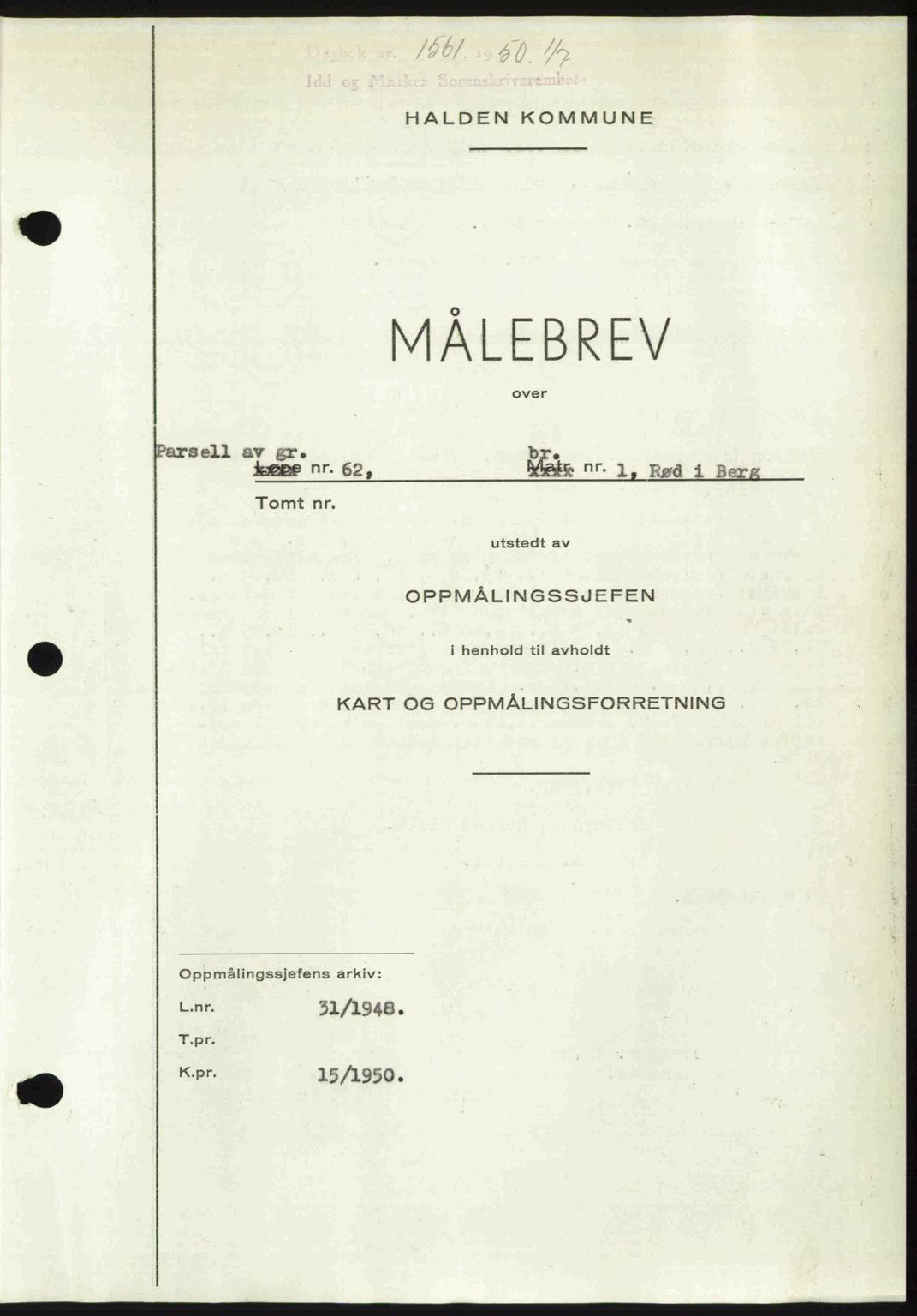 Idd og Marker sorenskriveri, AV/SAO-A-10283/G/Gb/Gbb/L0014: Mortgage book no. A14, 1950-1950, Diary no: : 1561/1950