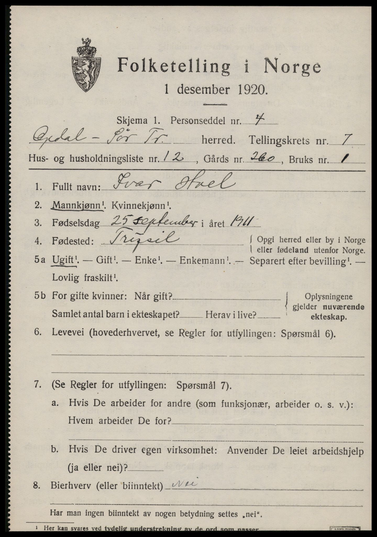 SAT, 1920 census for Oppdal, 1920, p. 5801