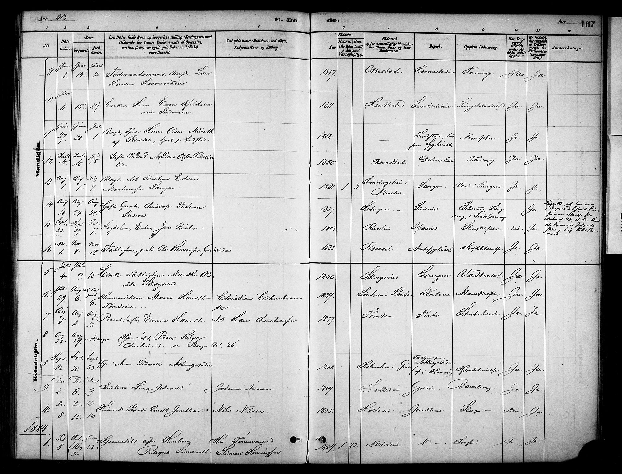 Stange prestekontor, SAH/PREST-002/K/L0019: Parish register (official) no. 19, 1880-1891, p. 167