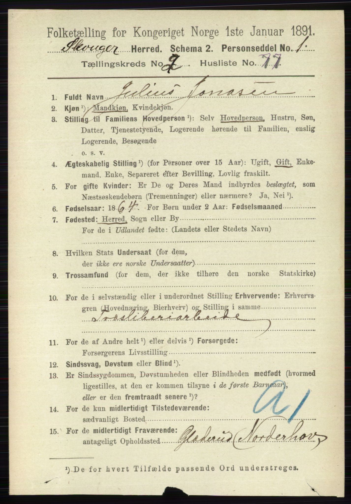 RA, 1891 census for 0712 Skoger, 1891, p. 1487