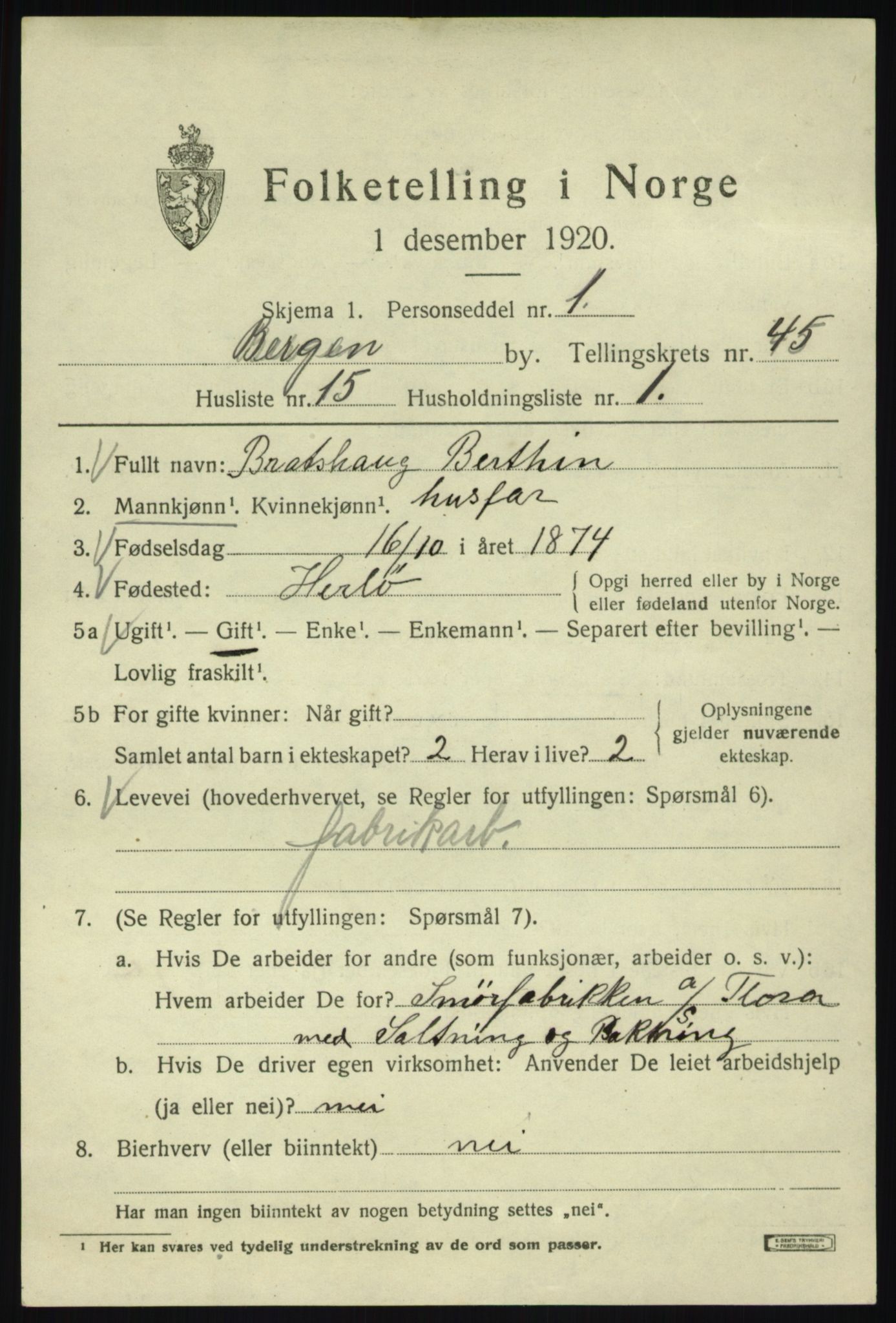 SAB, 1920 census for Bergen, 1920, p. 114176