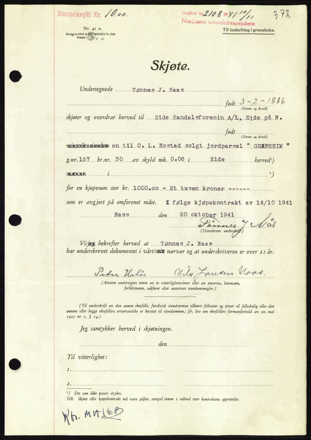 Nordmøre sorenskriveri, AV/SAT-A-4132/1/2/2Ca: Mortgage book no. A91, 1941-1942, Diary no: : 2108/1941