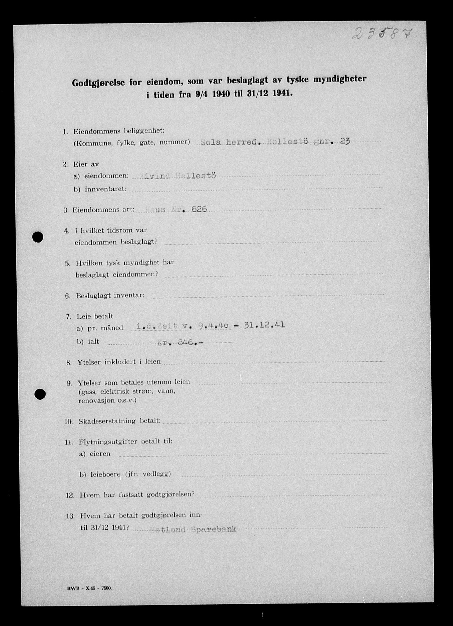 Justisdepartementet, Tilbakeføringskontoret for inndratte formuer, AV/RA-S-1564/I/L1014: Godtgjørelse for beslaglagt eiendom, 1940-1941, p. 320