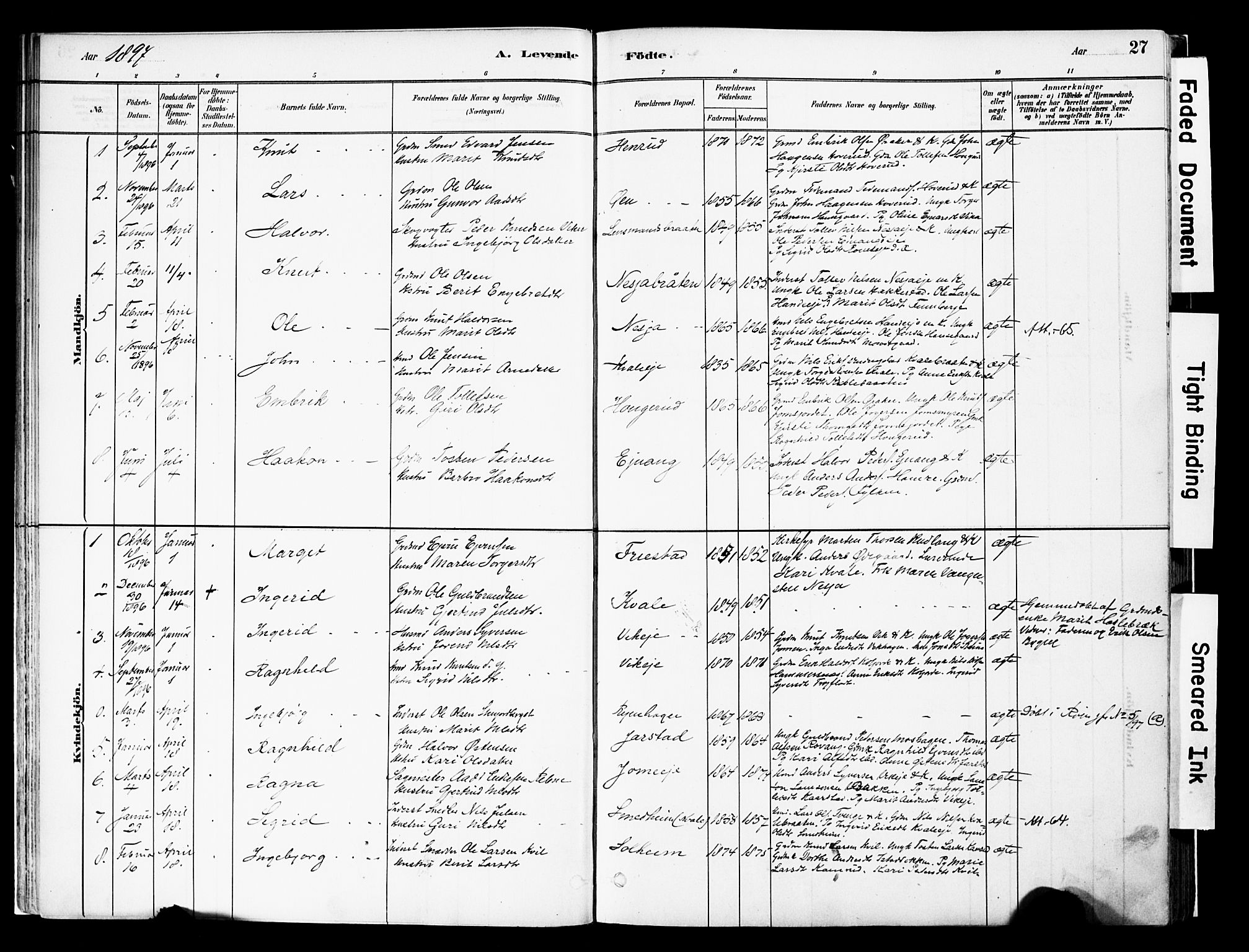 Vestre Slidre prestekontor, SAH/PREST-136/H/Ha/Haa/L0004: Parish register (official) no. 4, 1881-1911, p. 27