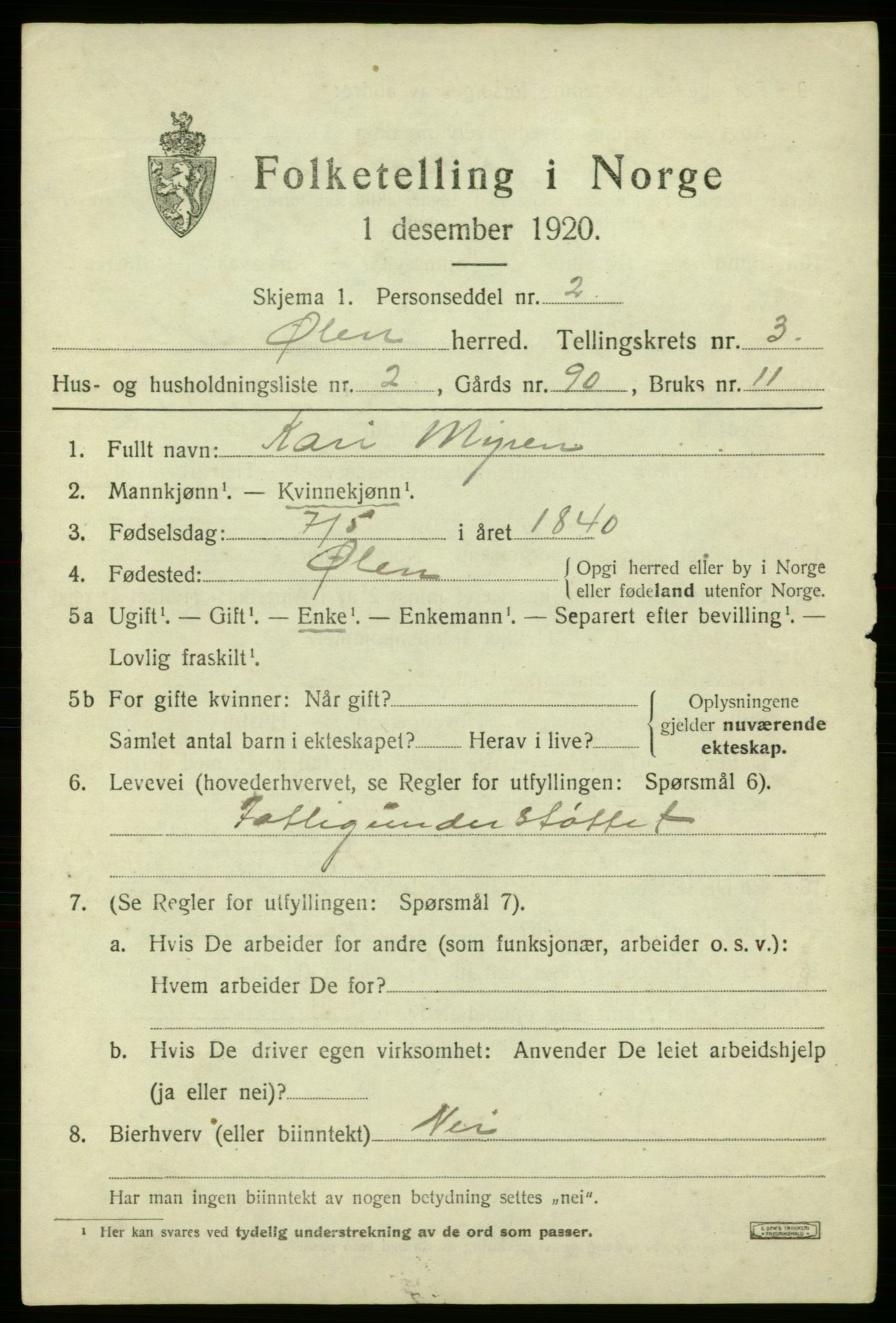 SAB, 1920 census for Ølen, 1920, p. 1559