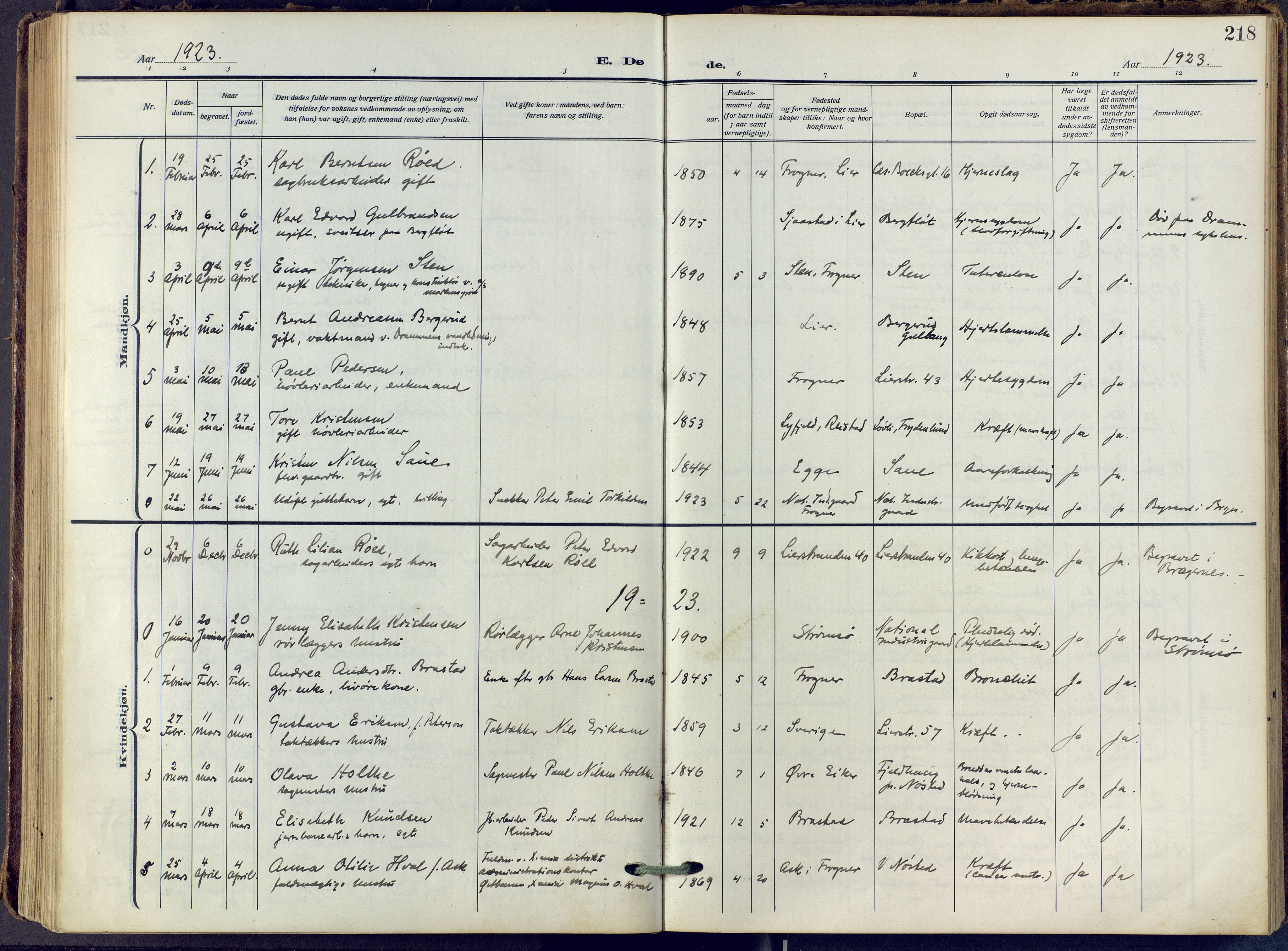 Lier kirkebøker, SAKO/A-230/F/Fa/L0019: Parish register (official) no. I 19, 1918-1928, p. 218