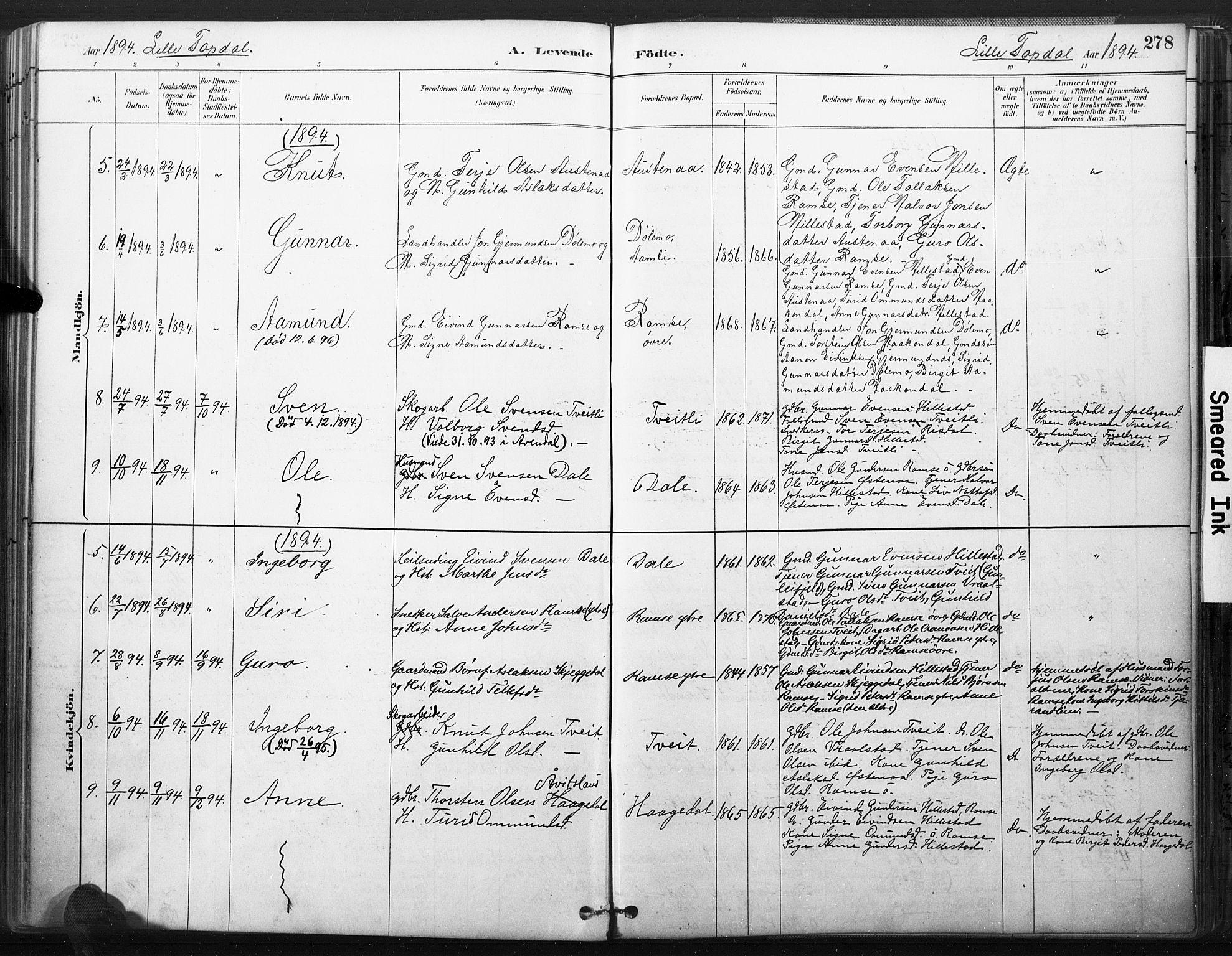 Åmli sokneprestkontor, AV/SAK-1111-0050/F/Fa/Fac/L0010: Parish register (official) no. A 10 /3, 1885-1899, p. 278