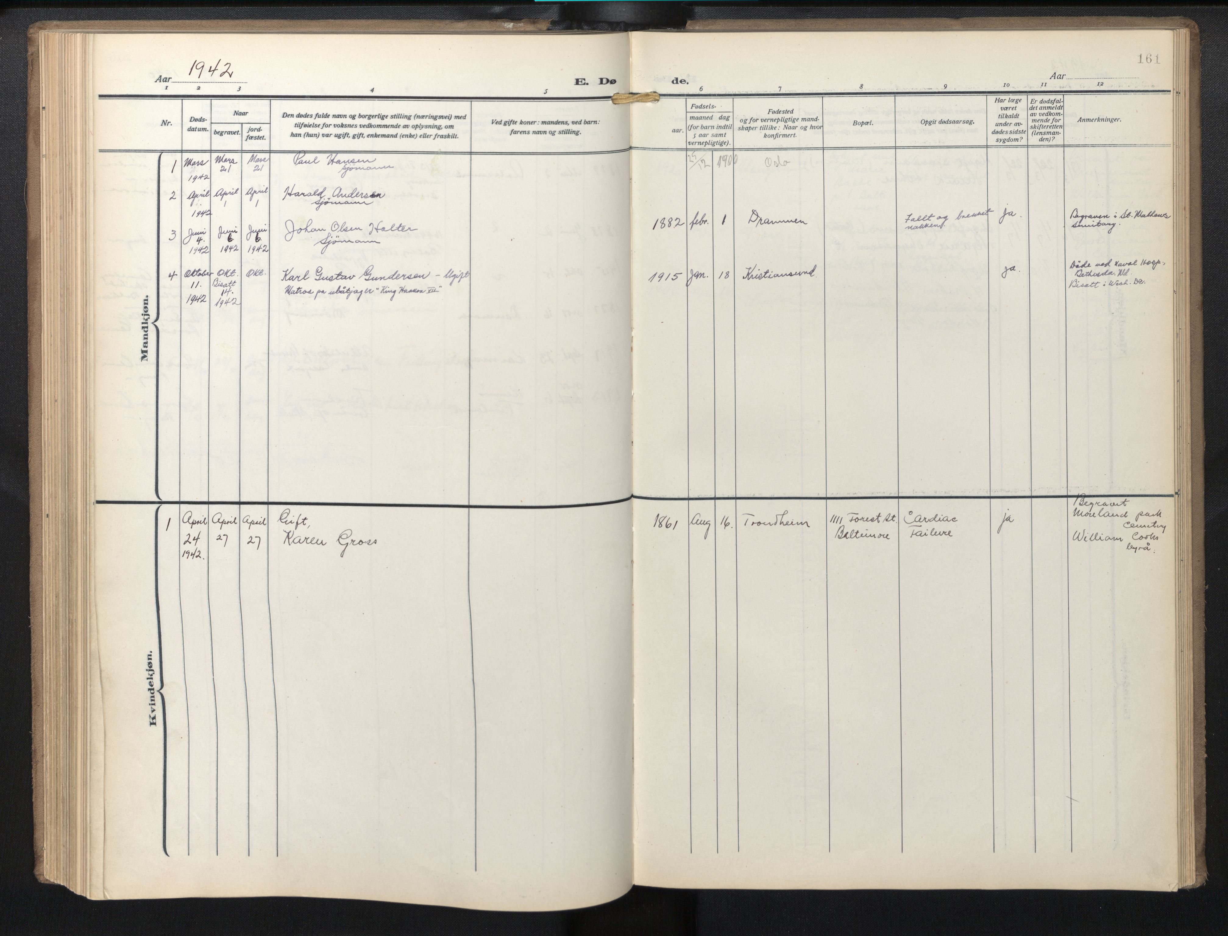 Den norske sjømannsmisjon i utlandet / Baltimore, AV/SAB-SAB/PA-0169/H/Ha/L0001: Parish register (official) no. A 1, 1927-1975, p. 160b-161a