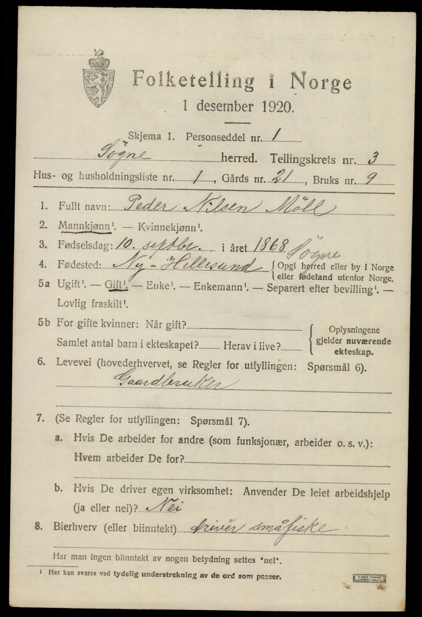 SAK, 1920 census for Søgne, 1920, p. 1641