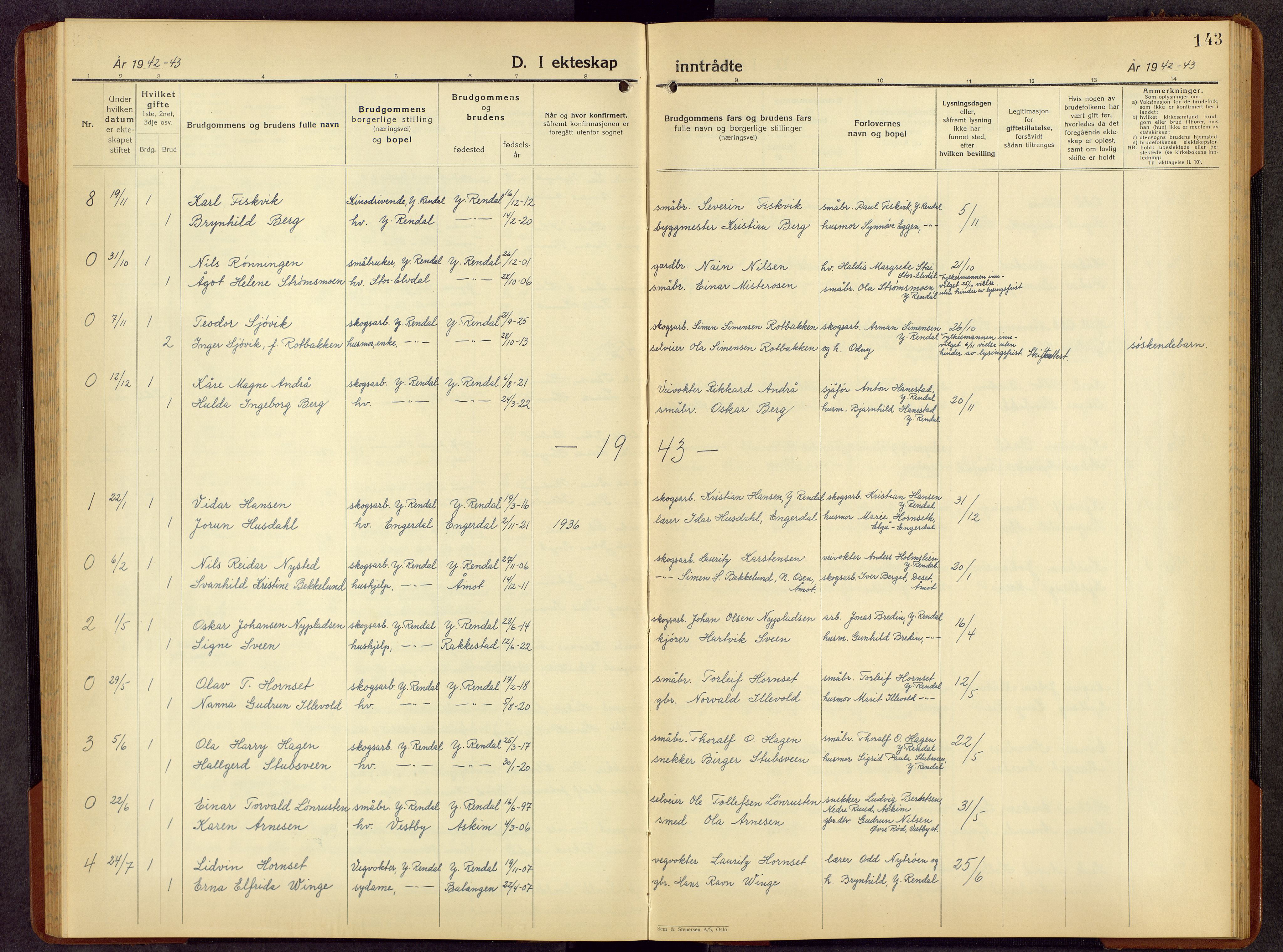 Rendalen prestekontor, AV/SAH-PREST-054/H/Ha/Hab/L0006: Parish register (copy) no. 6, 1941-1958, p. 143