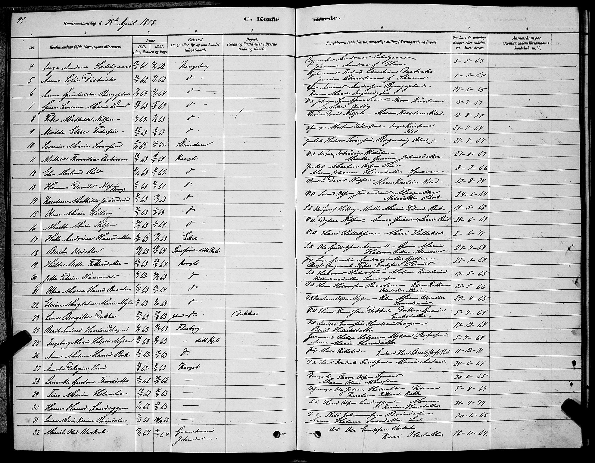 Kongsberg kirkebøker, AV/SAKO-A-22/G/Ga/L0005: Parish register (copy) no. 5, 1878-1889, p. 99