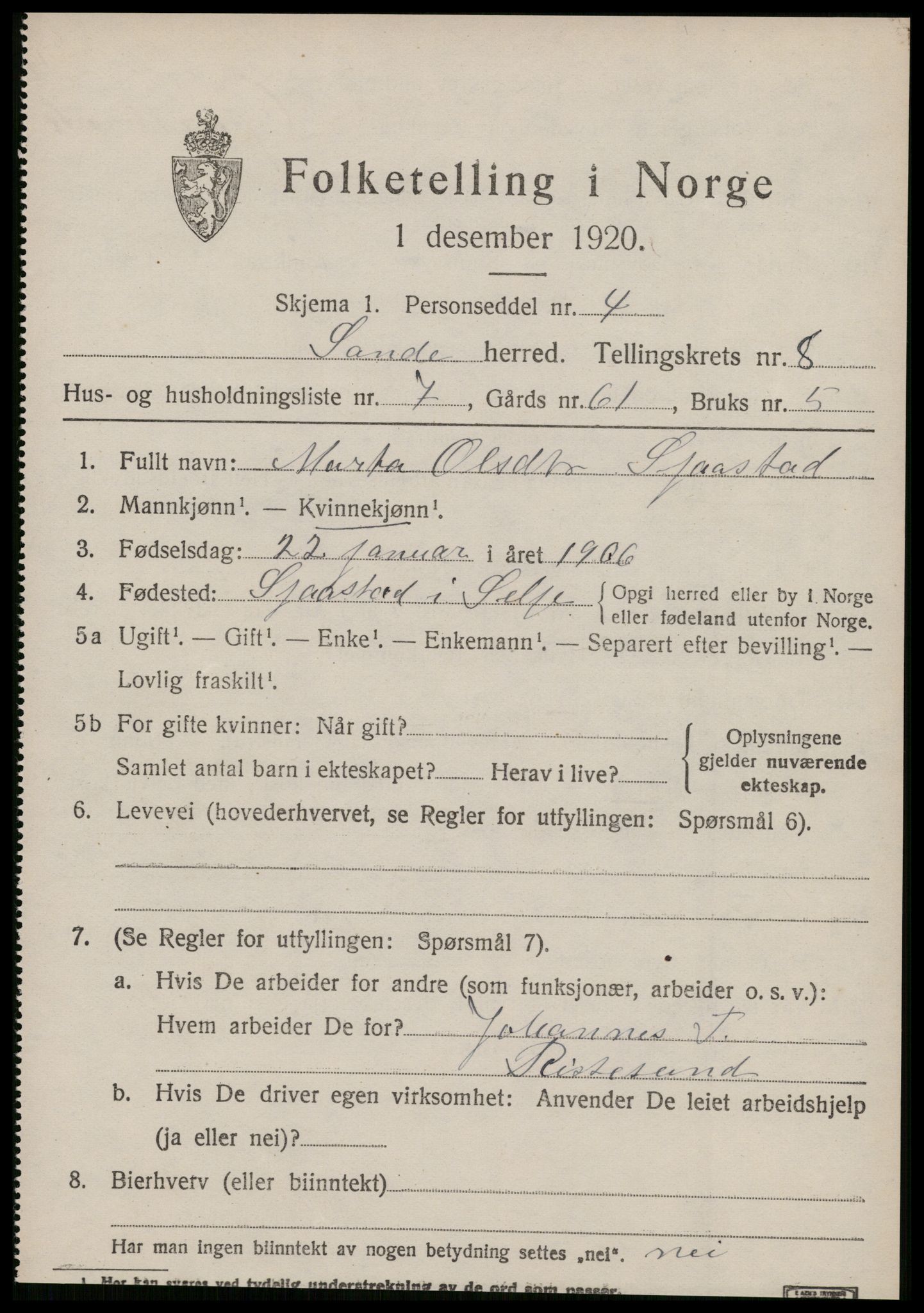 SAT, 1920 census for Sande (MR), 1920, p. 4894