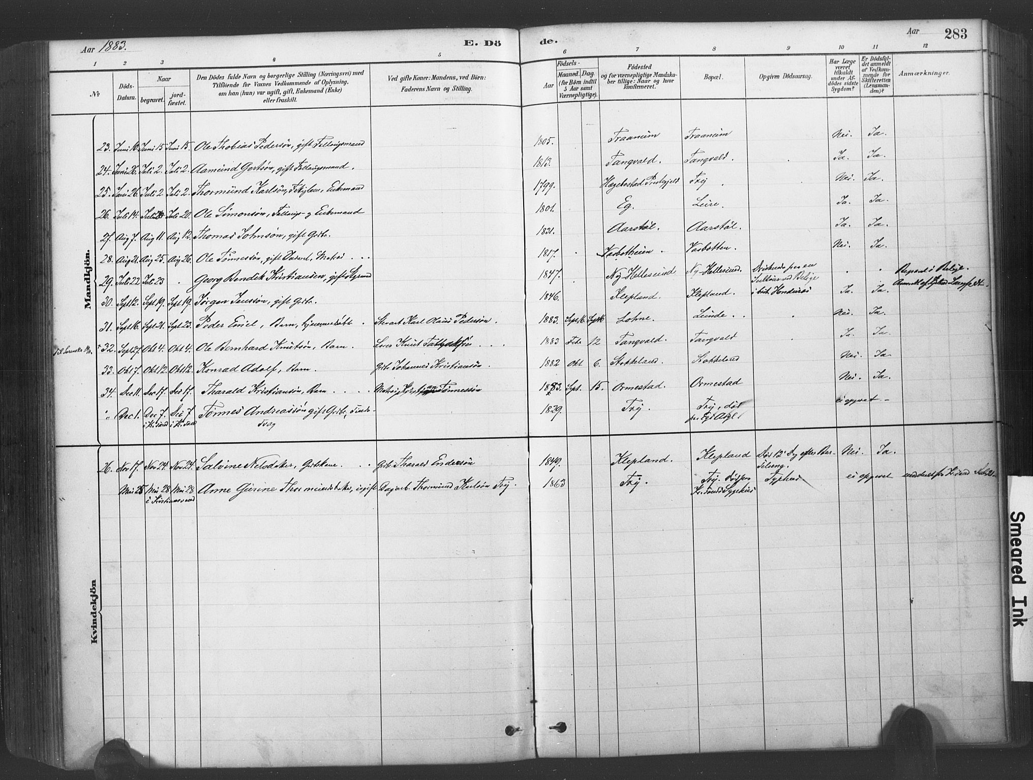 Søgne sokneprestkontor, SAK/1111-0037/F/Fa/Fab/L0012: Parish register (official) no. A 12, 1880-1891, p. 283