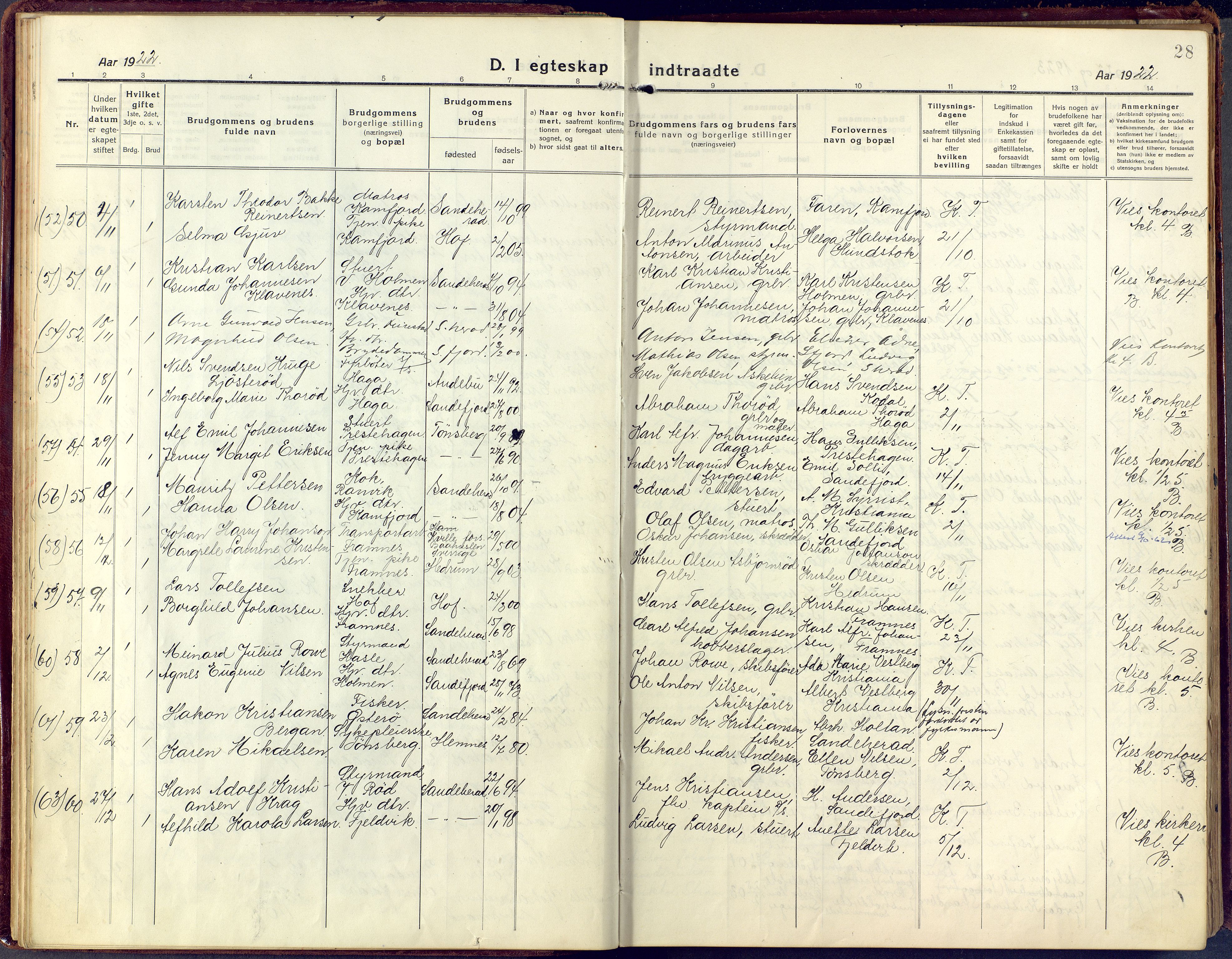 Sandar kirkebøker, SAKO/A-243/F/Fa/L0021: Parish register (official) no. 21, 1919-1925, p. 28