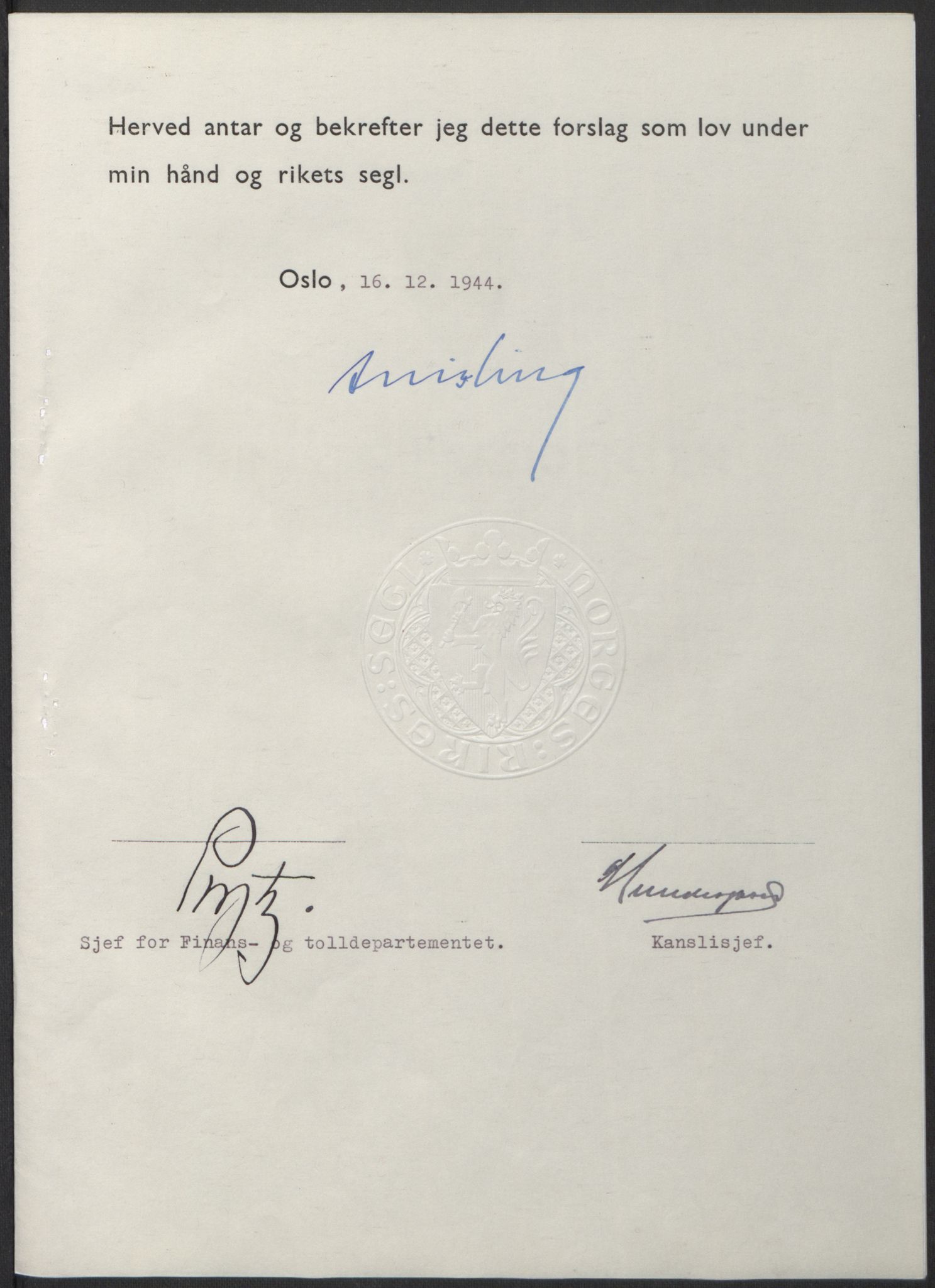 NS-administrasjonen 1940-1945 (Statsrådsekretariatet, de kommisariske statsråder mm), AV/RA-S-4279/D/Db/L0100: Lover, 1944, p. 658