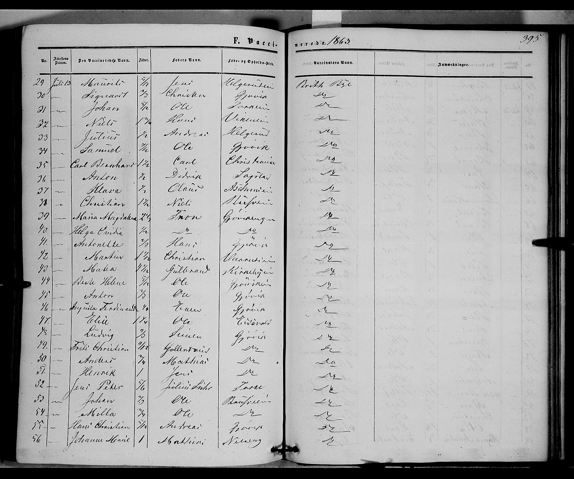 Vardal prestekontor, AV/SAH-PREST-100/H/Ha/Haa/L0006: Parish register (official) no. 6, 1854-1866, p. 395