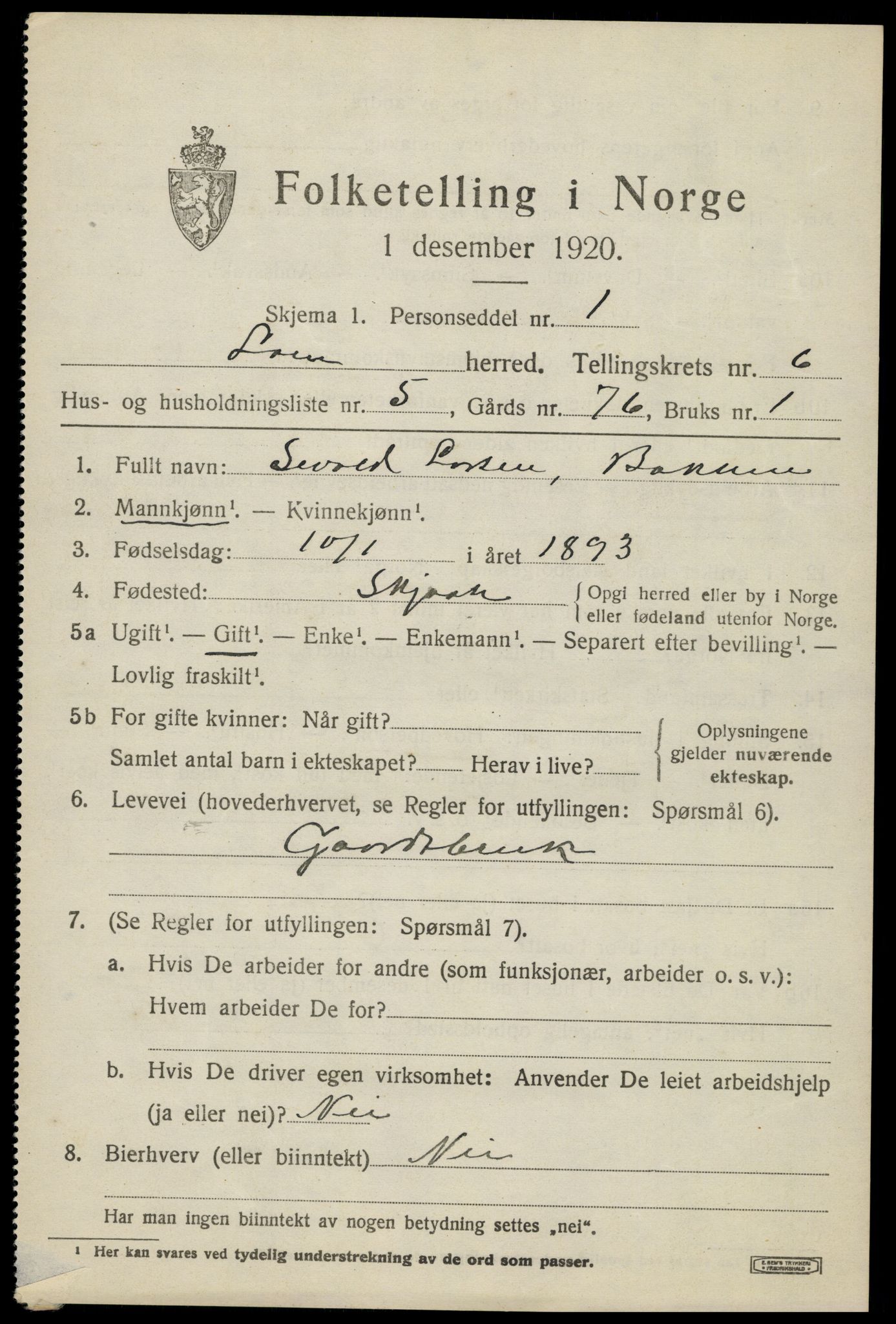 SAH, 1920 census for Lom, 1920, p. 3784