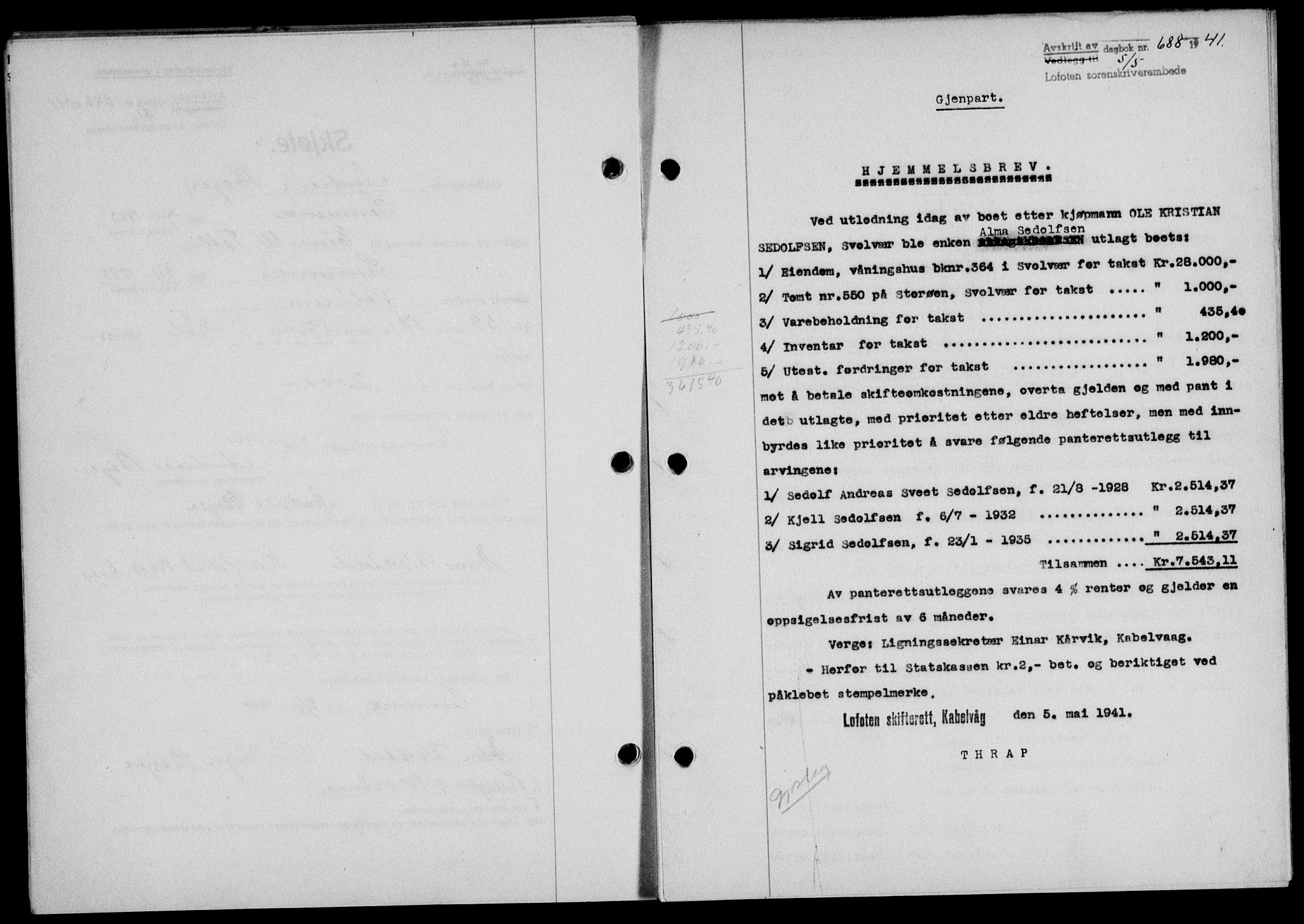 Lofoten sorenskriveri, SAT/A-0017/1/2/2C/L0008a: Mortgage book no. 8a, 1940-1941, Diary no: : 688/1941